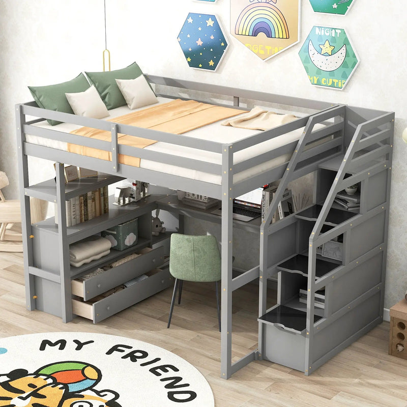 Loft Bed With Desk, Shelves, 2 Drawers, Storage Staircase by HouseOfZazla