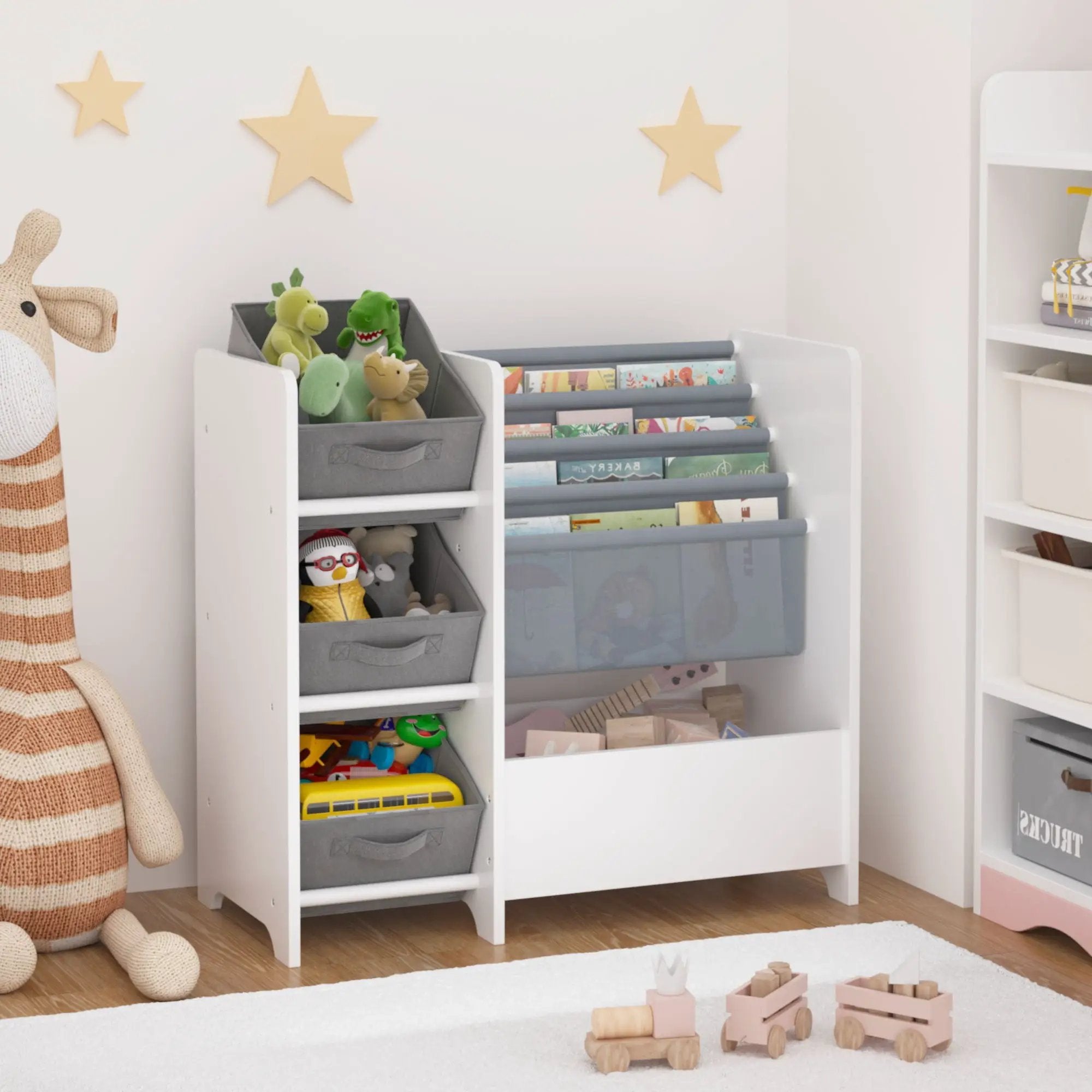 Bookshelf And Toy Storage Organizer, Multifunctional 4 Tier With 3 Collapsible Drawers - White by Unique Piece Furniture