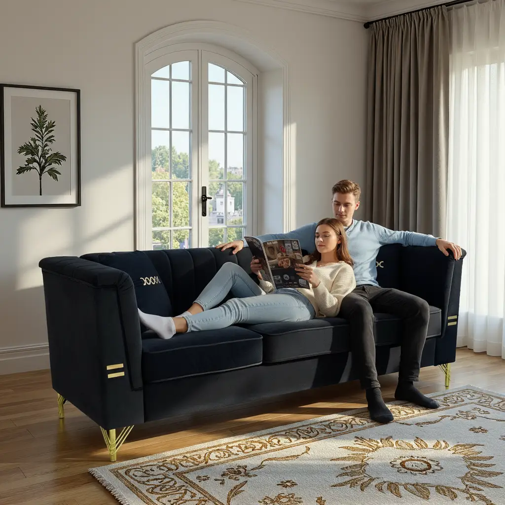 FX-P82-BK2 Modern Velvet 3-Seater Sofa with 2 Pillows by HouseOfZazla