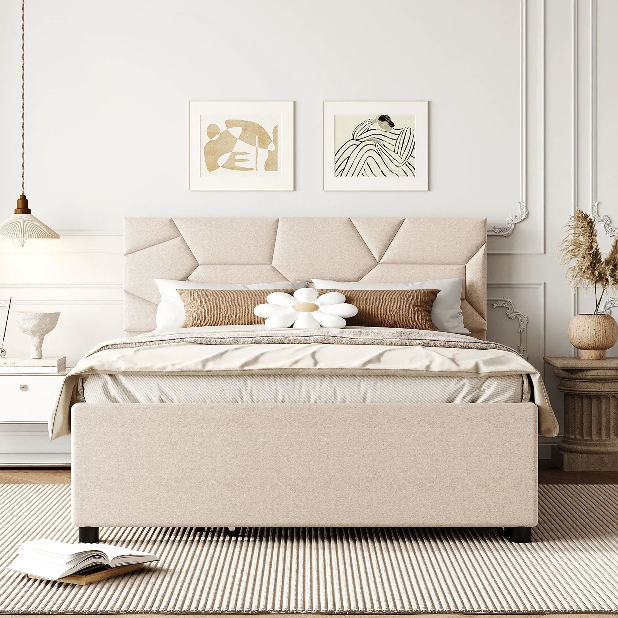 Upholstered Platform Bed With Brick Pattern Headboard And Twin Long Size Trundle by HouseOfZazla