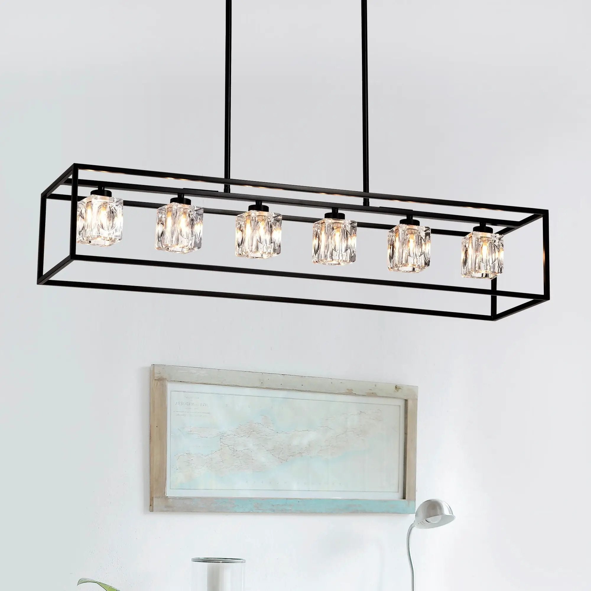 6 Light Farmhouse Chandelier, Modern Industrial Linear Rectangular Crystal Pendant Light Cage Chandelier For Dining Room, Kitchen Island, Bar, Long Table, G9*6 Bulbs Included - Matte Black by HouseOfZazla