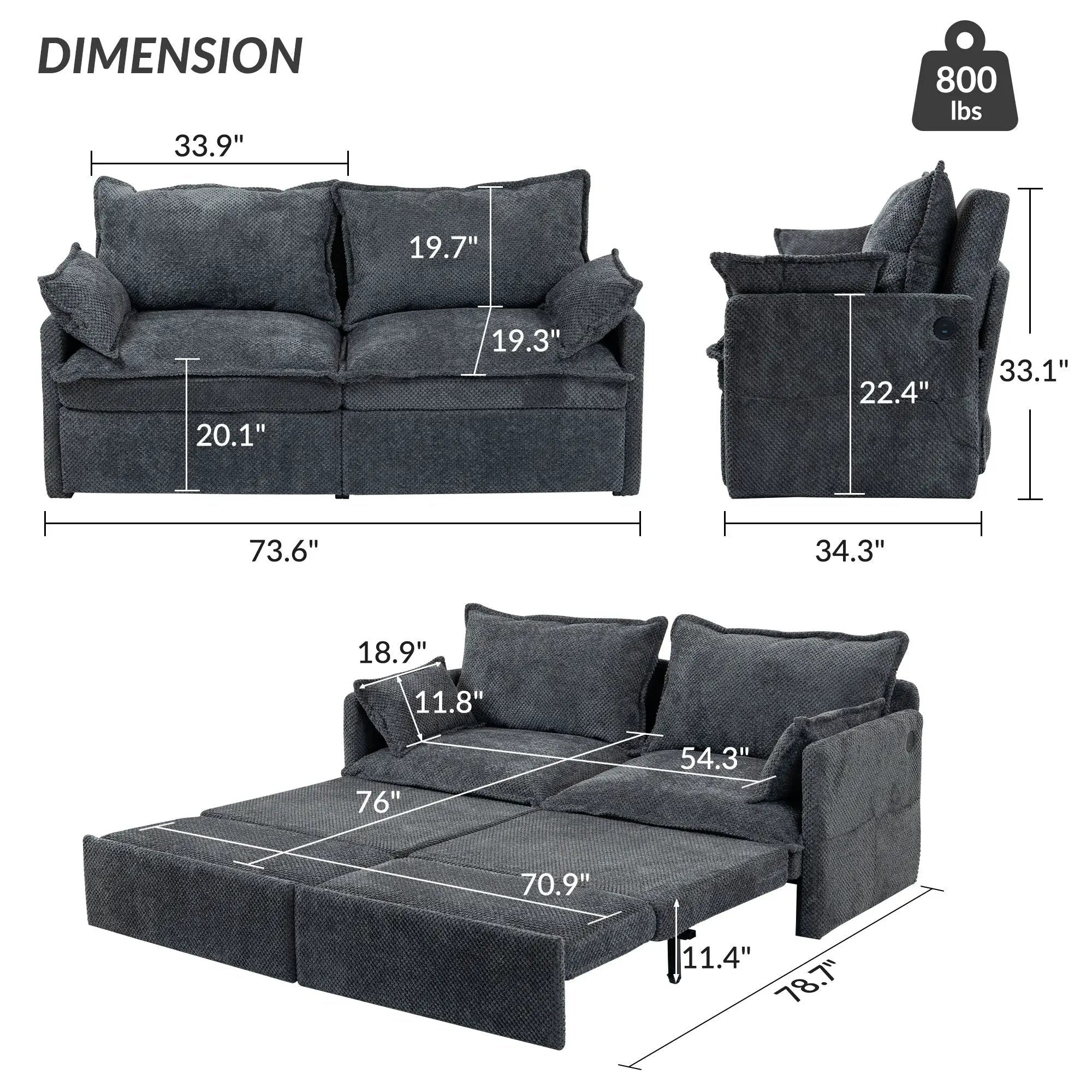 Pull Out Sofa Bed, Convertible Sleeper Sofa Couch, Side Storage, And USB / C - Type Charging Ports Chair by Unique Piece Furniture