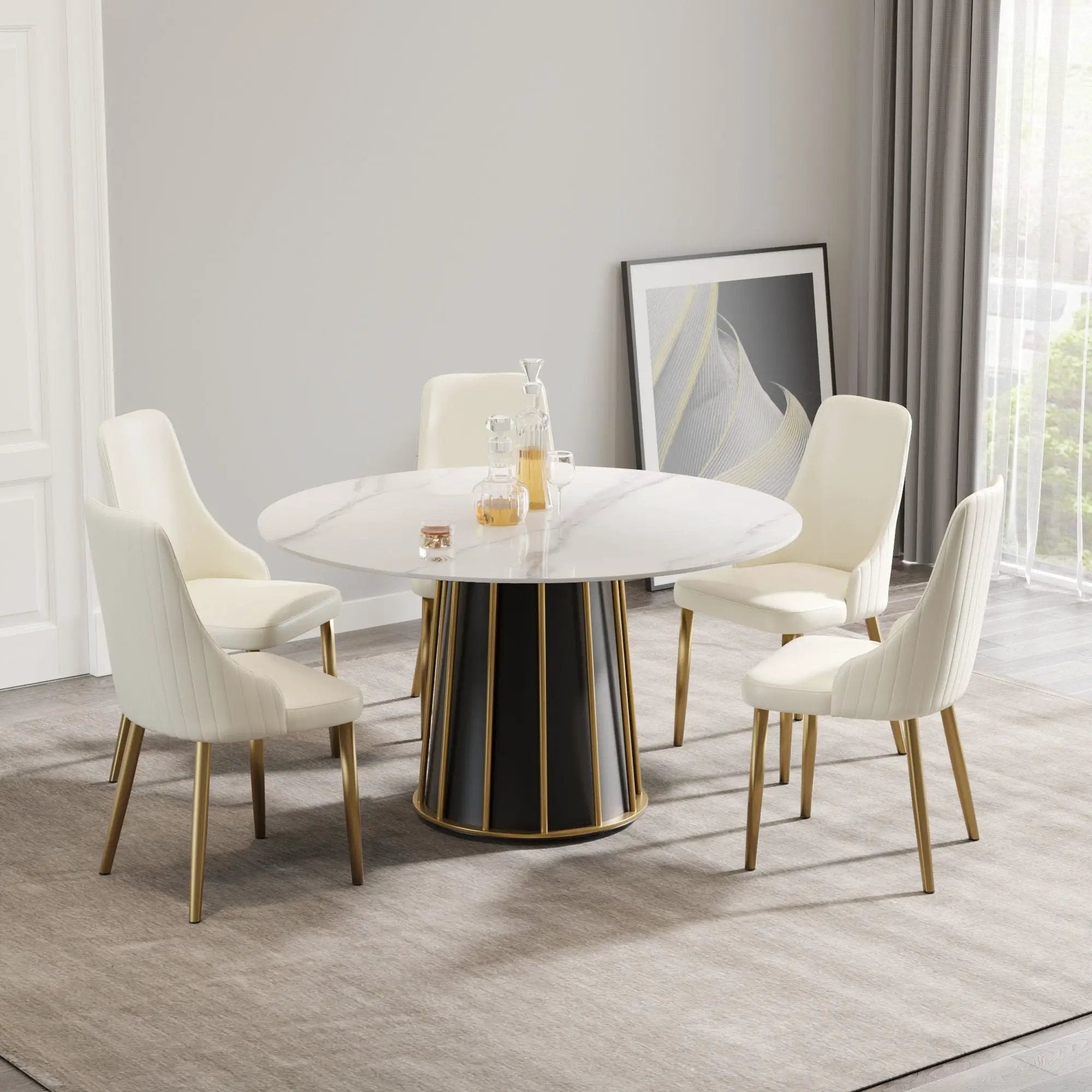 53.15" Modern Artificial Stone Round Panel Metal Iron Base Dining Table, Can Accommodate 6 People, (Not Including Chairs) - White / Black by HouseOfZazla