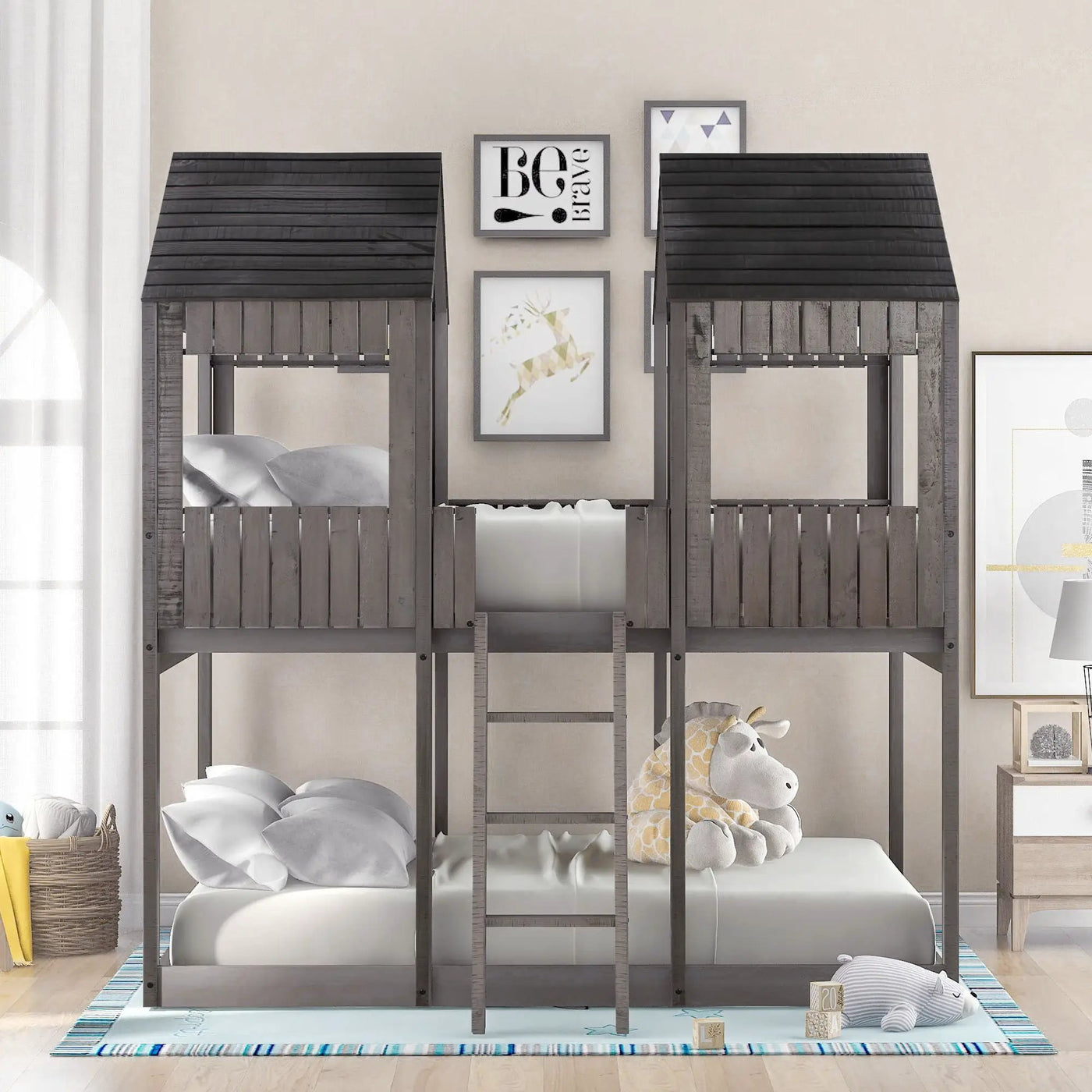 Bunk Bed With Roof, Window, Guardrail, Ladder by Unique Piece Furniture