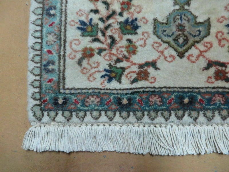 1' 9" X 2' 5" Handmade Indian Wool Rug Lahore Floral Design Small Oriental Rug Beige & Teal by Jewel Rugs