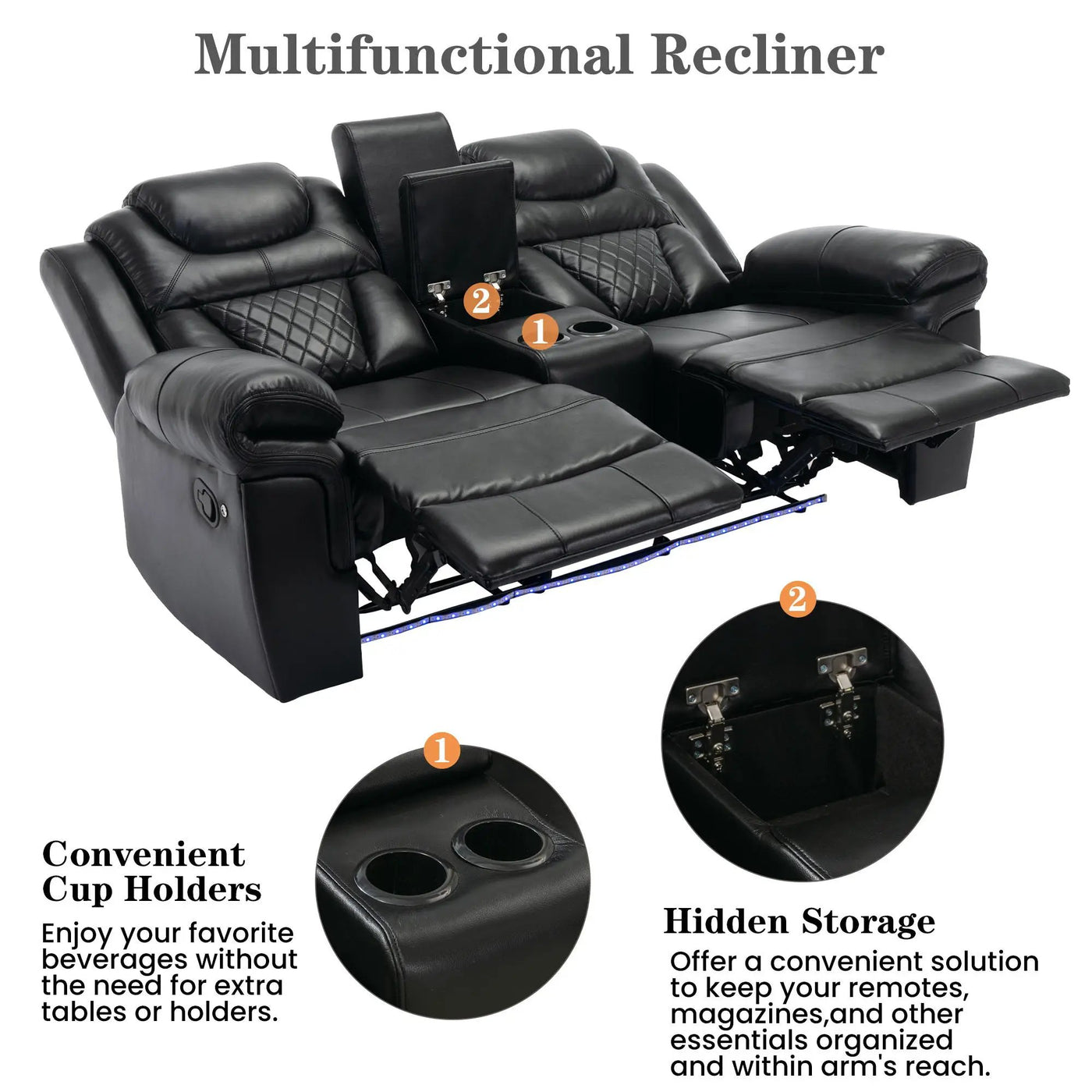 3 Pieces Recliner Sofa Sets Home Theater Seating Manual Recliner Chair With Center Console And LED Light Strip For Living Room by HouseOfZazla