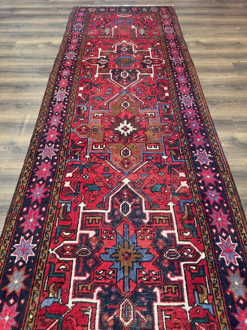 Persian Heriz Karajeh Runner Rug 3.7 x 12, Geometric Medallions, Red and Navy Blue by Jewel Rugs
