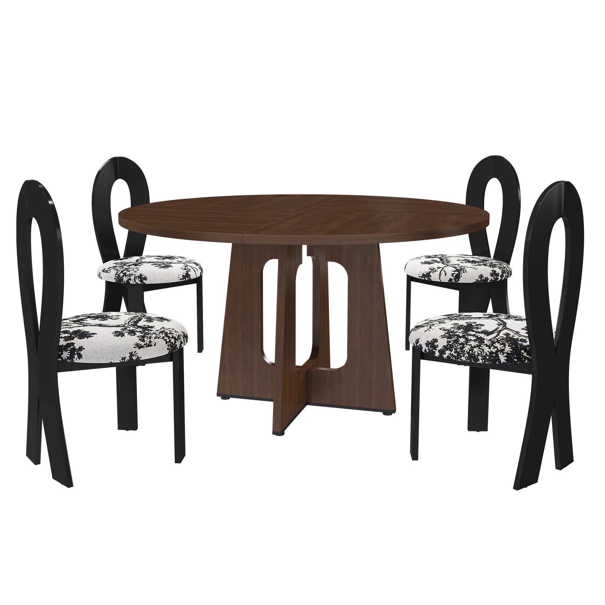 Round Dining Table For 4 With 4 Upholstered Chairs - Walnut / Black by HouseOfZazla