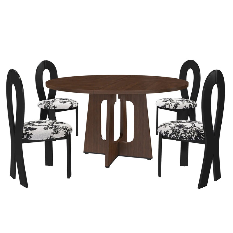 Round Dining Table For 4 With 4 Upholstered Chairs - Walnut / Black by HouseOfZazla