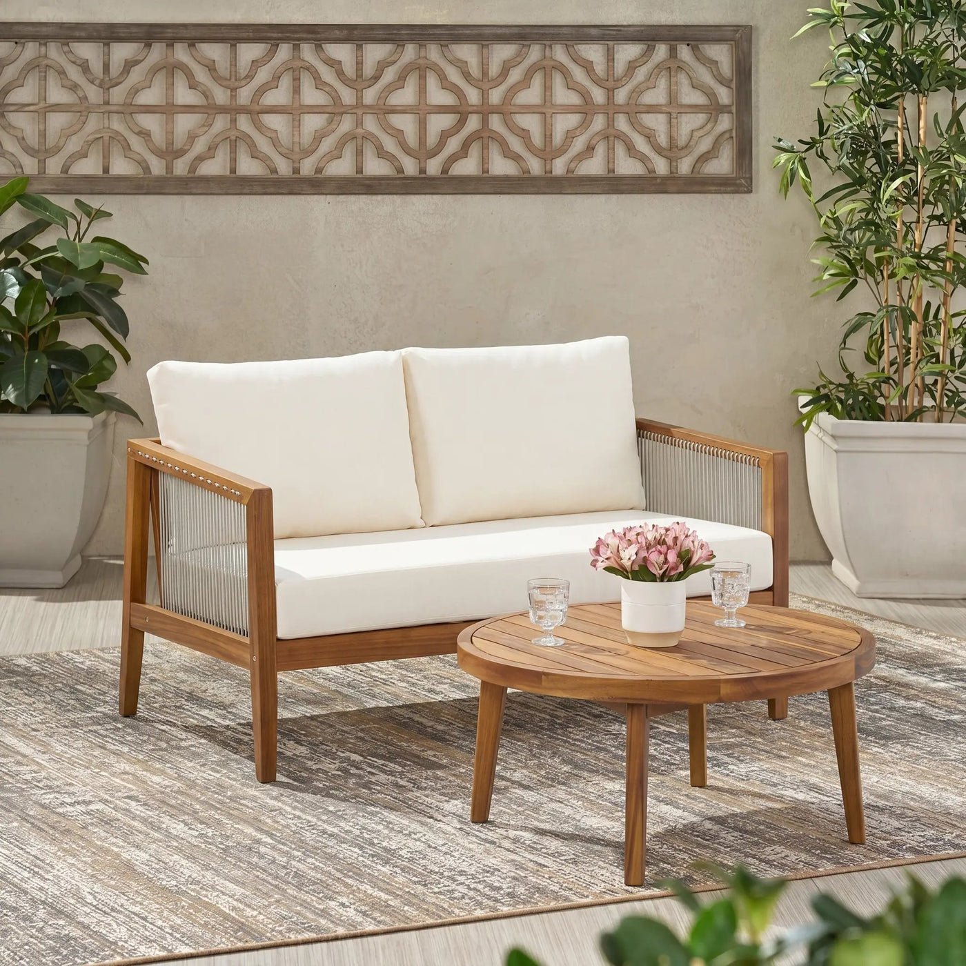 Outdoor Loveseat and Coffee Table Set, Acacia Wood Frame with Rope Detail by HouseOfZazla