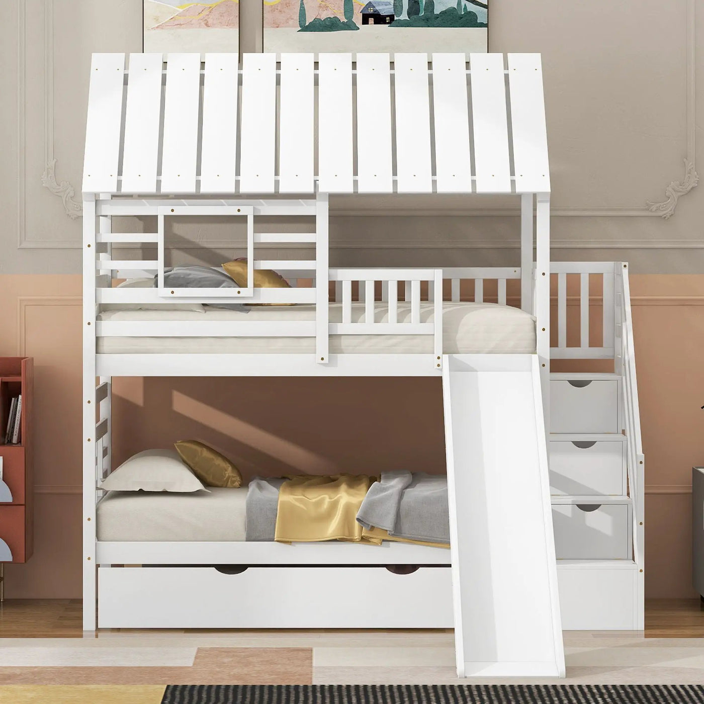 House Bunk Bed With Trundle, Storage Staircase, Roof And Window Design by Unique Piece Furniture