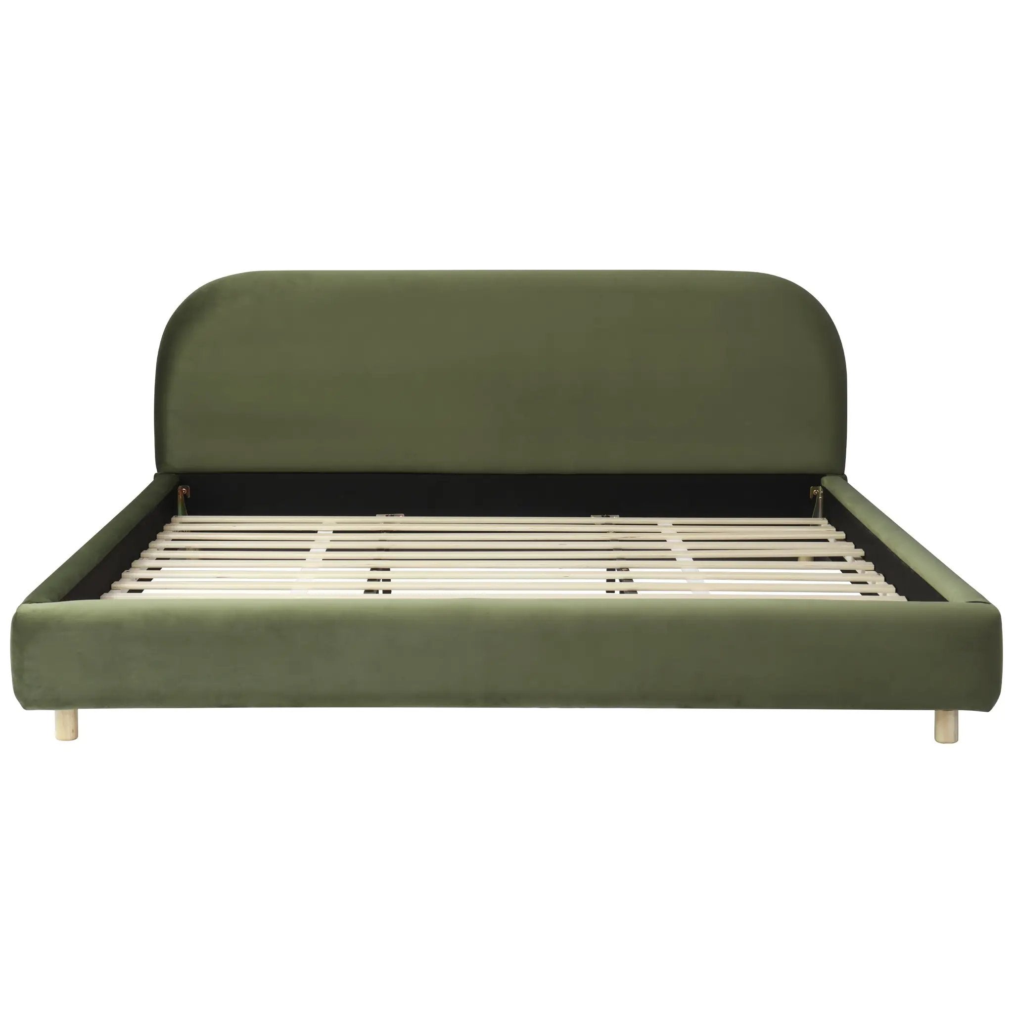 California King Size Upholstered Bed Frame With Velvet Fabric And Curve Design Thick Headboard, Solid Wood Legs, Olive by HouseOfZazla