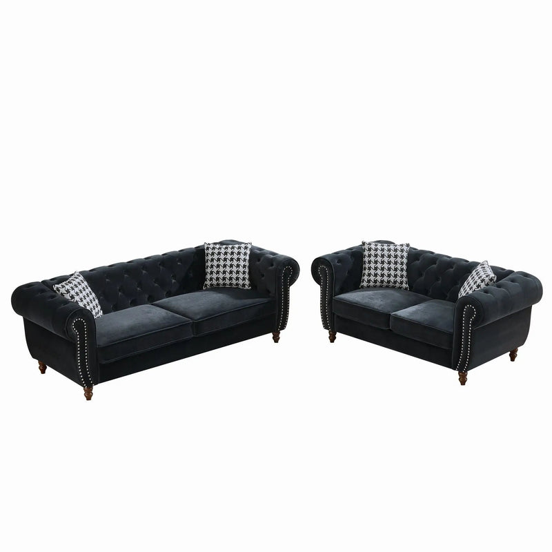 Chesterfield 3 And 2 Seater Upholstery Sofa With Roll Armrest & Nailhead Fabric Couch by Unique Piece Furniture