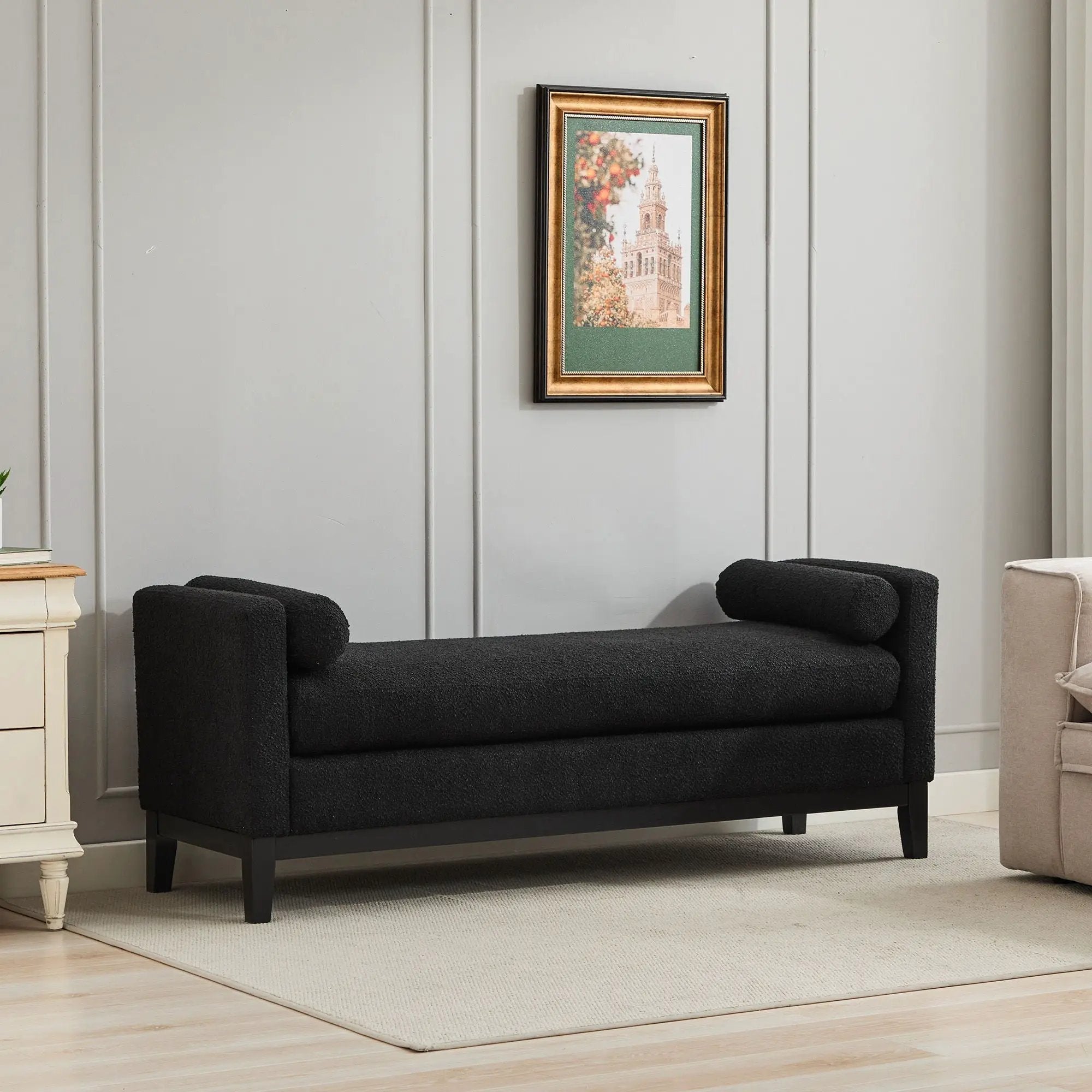 Elegant Upholstered Bench, Daybed, Ottoman With Wood Legs & 2 Bolster Pillows - Black Boucle by Unique Piece Furniture