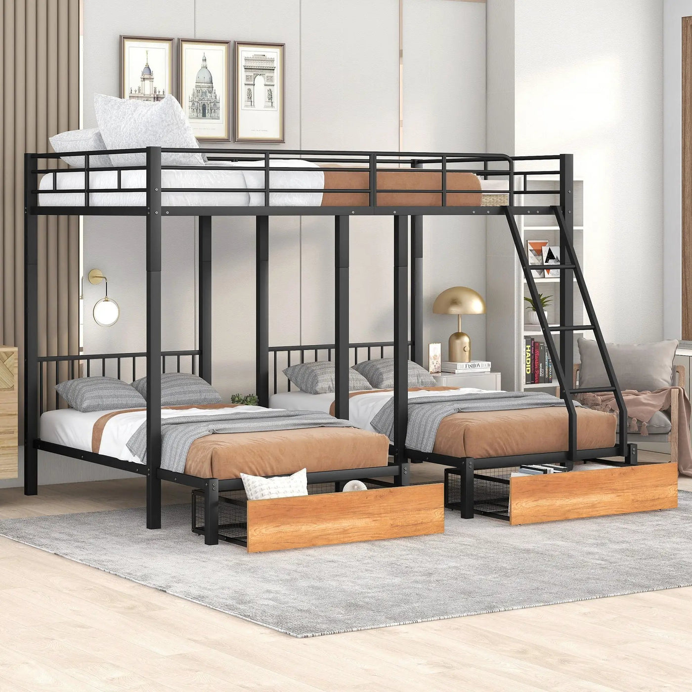 Triple Bunk Bed With Drawers And Guardrails by Unique Piece Furniture