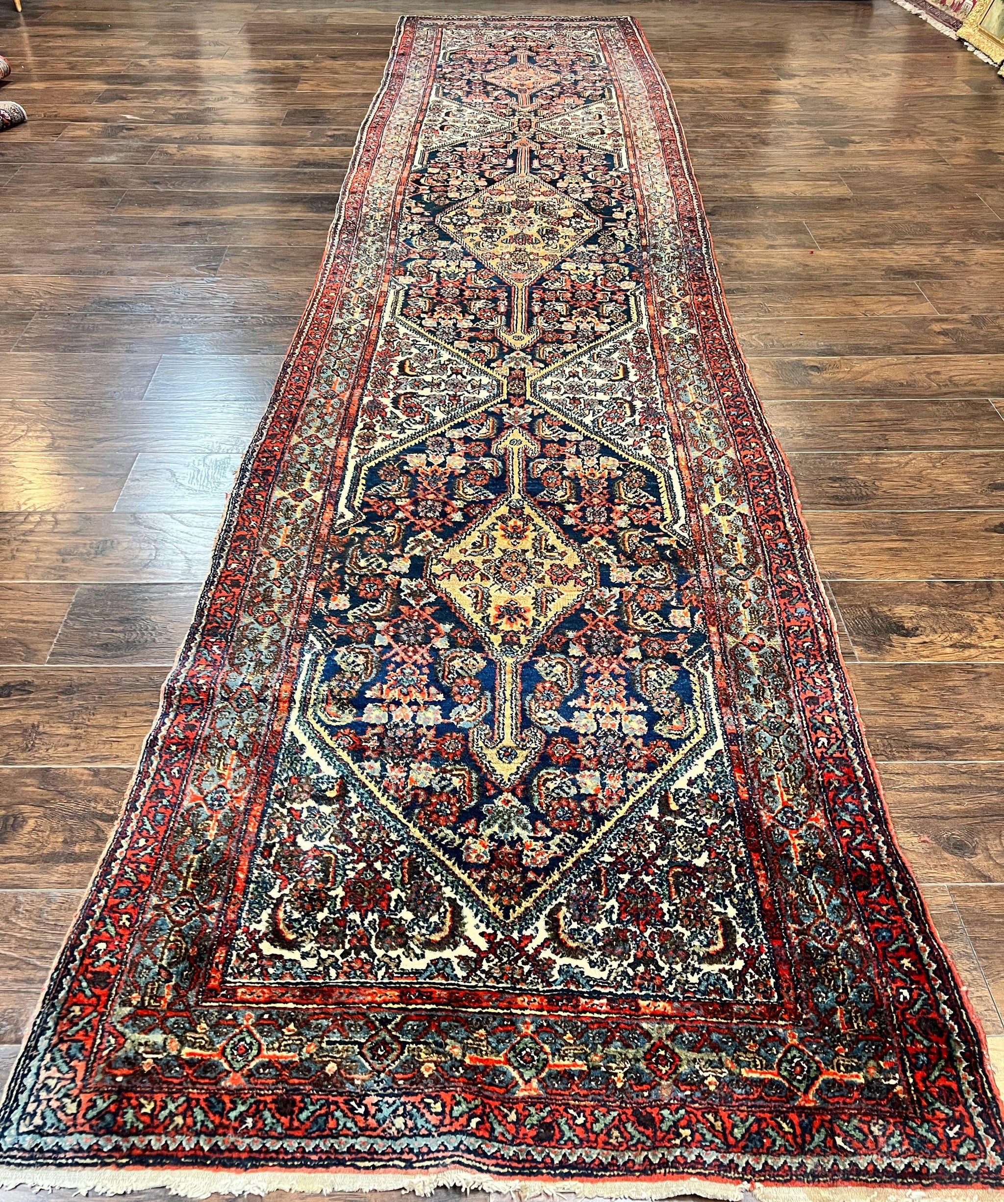 Antique Persian Runner Rug 3.7 x 15.8, Navy Blue Multicolor, Hand Knotted Handmade Wool Rug for Hallway, Geometric Medallions, Persian Hamadan Rug by Jewel Rugs