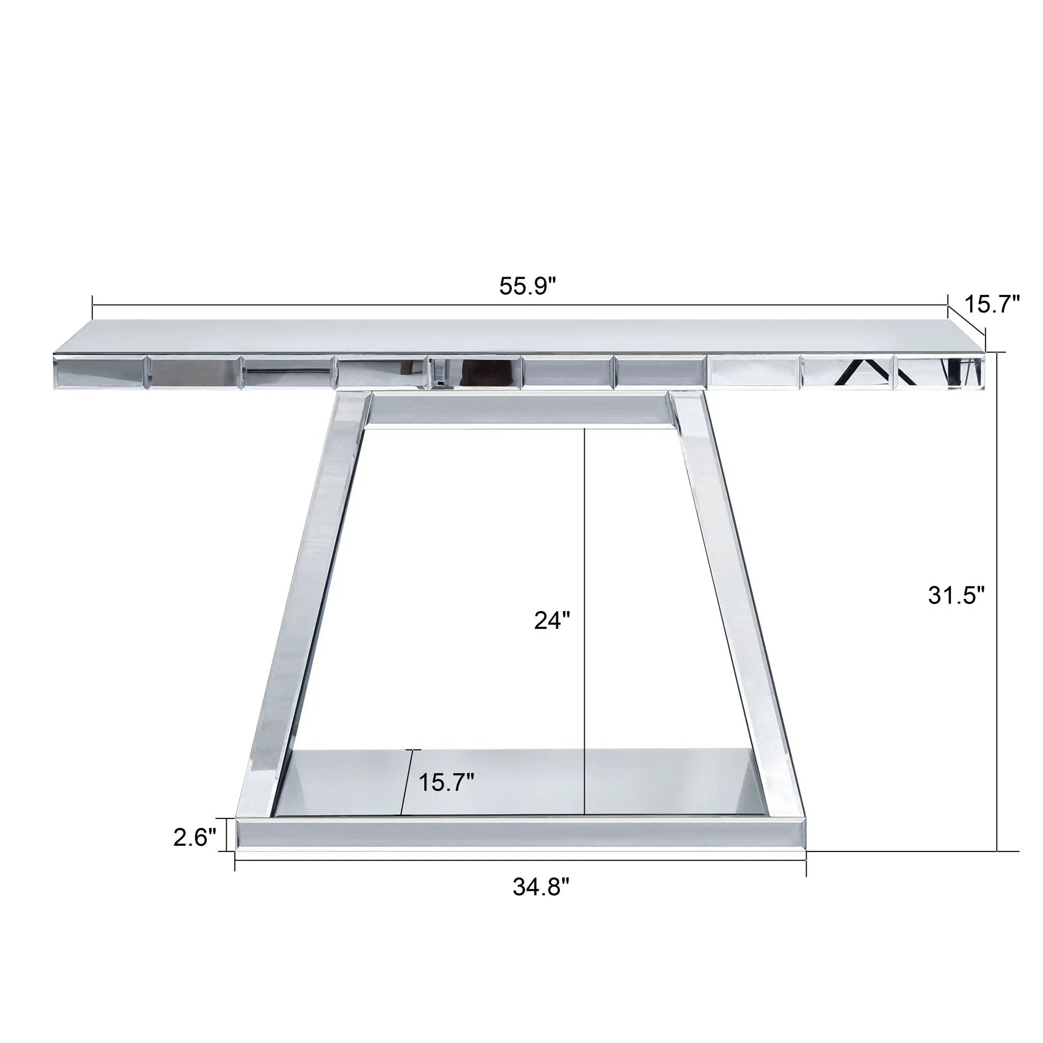 Modern Luxe Full Body Mirror Entryway Table With Trapezoid Base, 360° Reflective Console, Scratch Resistant, Open Storage - Silver by HouseOfZazla