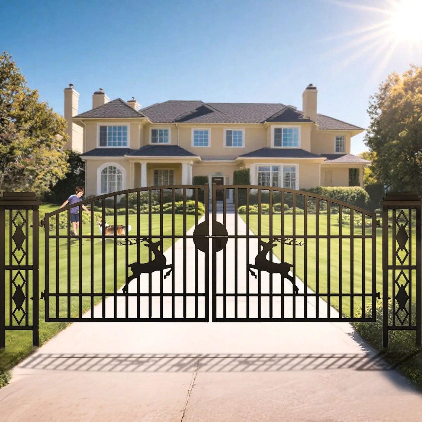 20x8 ft Dual Swing Driveway Gate with Ornamental Posts by Chery Industrial