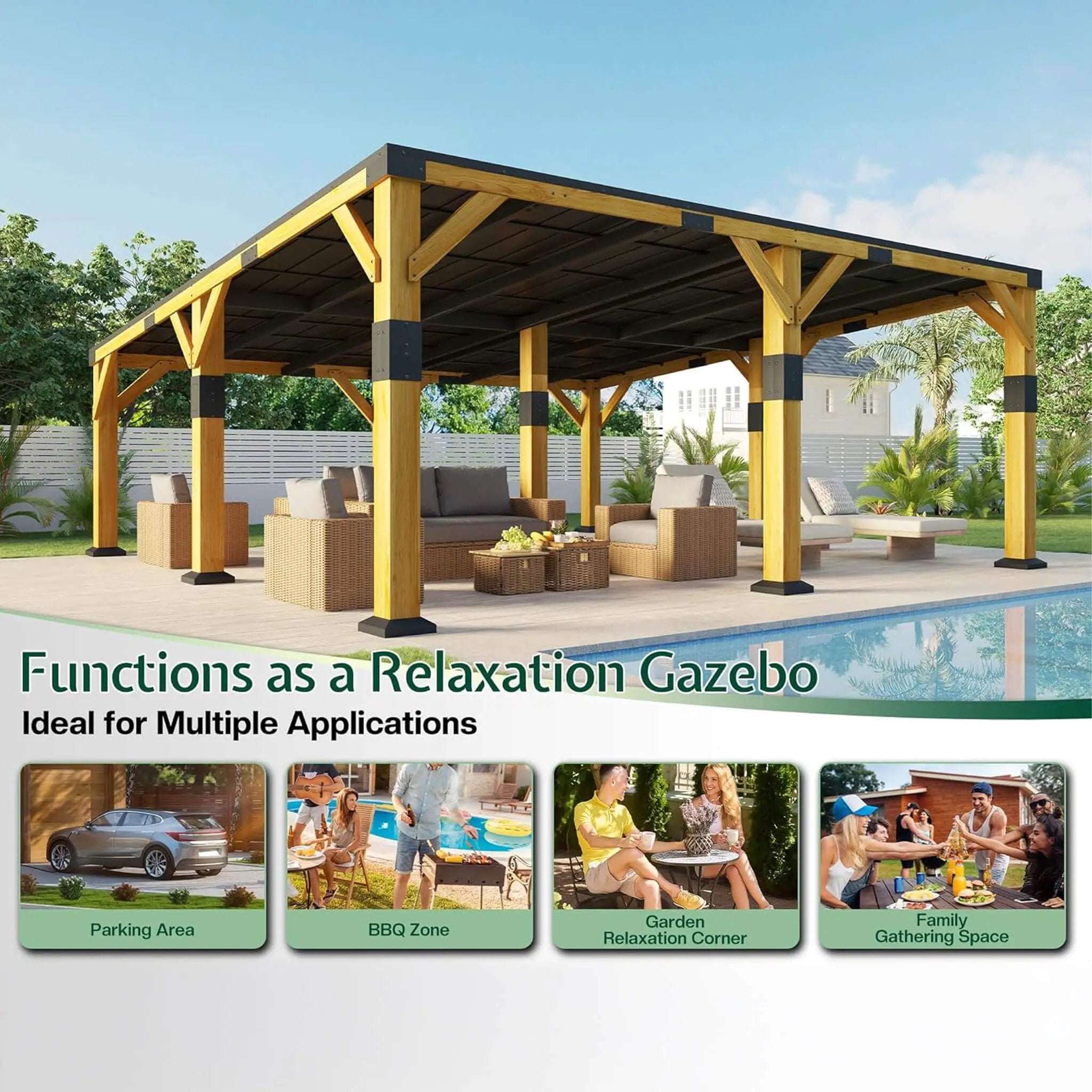 [20X20FT] Alora Heavy-Duty All-Weather Outdoor Cedar Wood Carport With Galvanized Steel Roof (SAK76145) by SAKSBY WHOLESALE