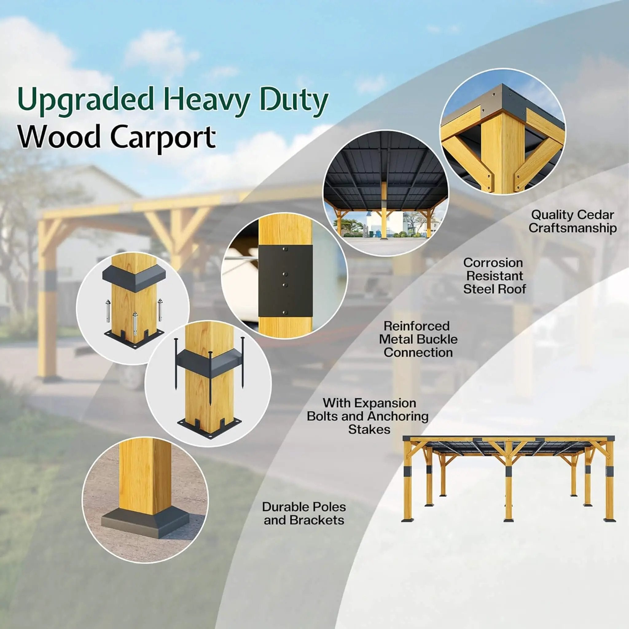 [20X20FT] Alora Heavy-Duty All-Weather Outdoor Cedar Wood Carport With Galvanized Steel Roof (SAK76145) by SAKSBY WHOLESALE