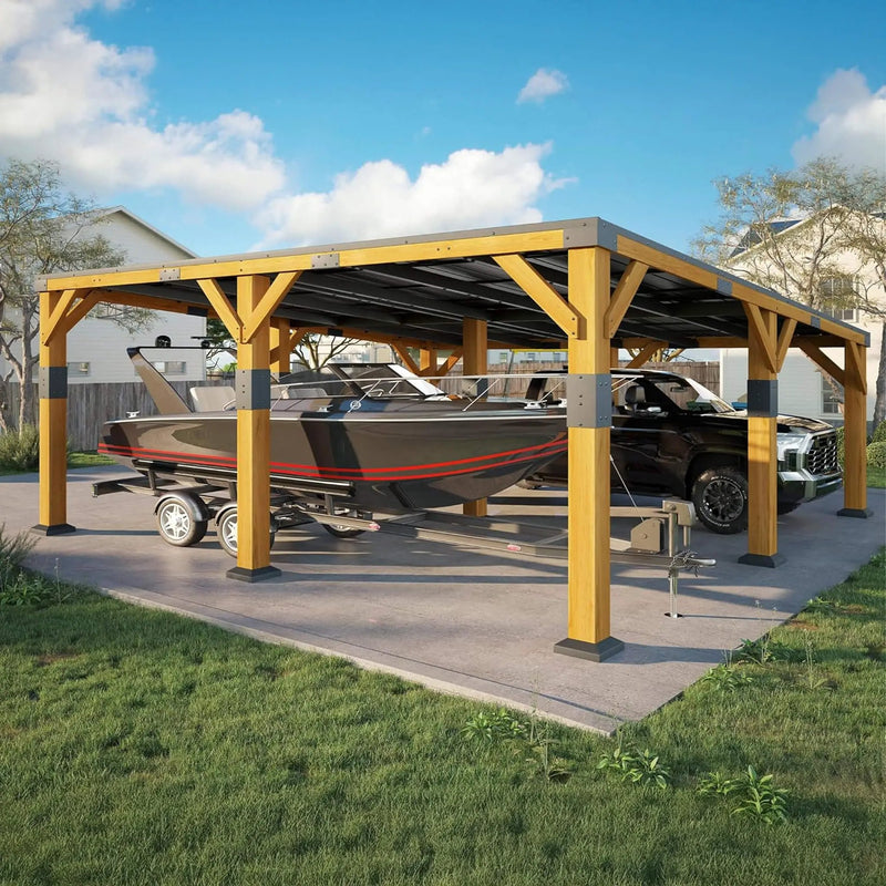 [20X20FT] Alora Heavy-Duty All-Weather Outdoor Cedar Wood Carport With Galvanized Steel Roof (SAK76145) by SAKSBY WHOLESALE
