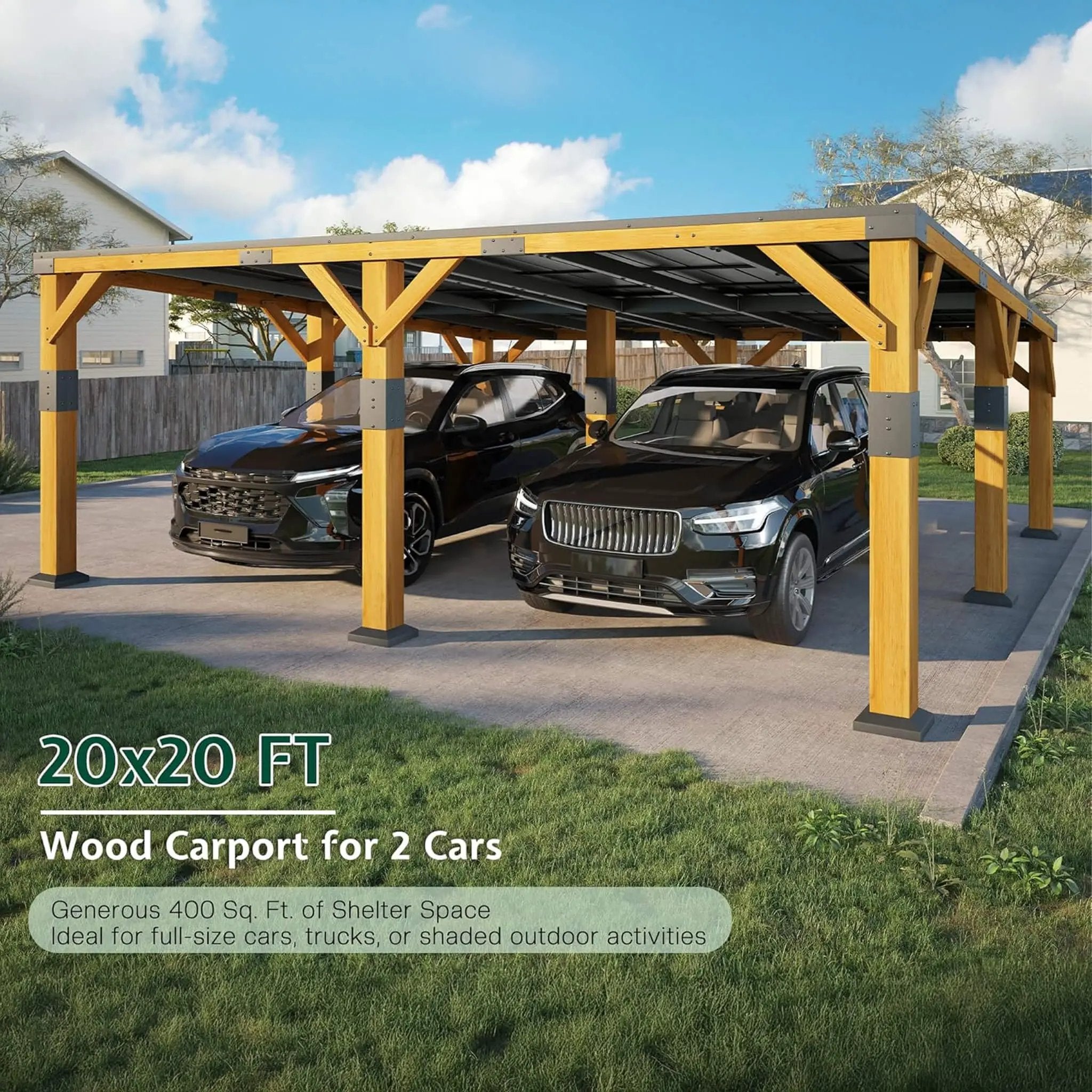[20X20FT] Alora Heavy-Duty All-Weather Outdoor Cedar Wood Carport With Galvanized Steel Roof (SAK76145) by SAKSBY WHOLESALE