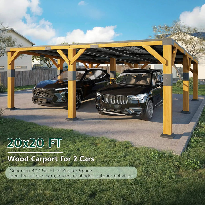 [20X20FT] Alora Heavy-Duty All-Weather Outdoor Cedar Wood Carport With Galvanized Steel Roof (SAK76145) by SAKSBY WHOLESALE
