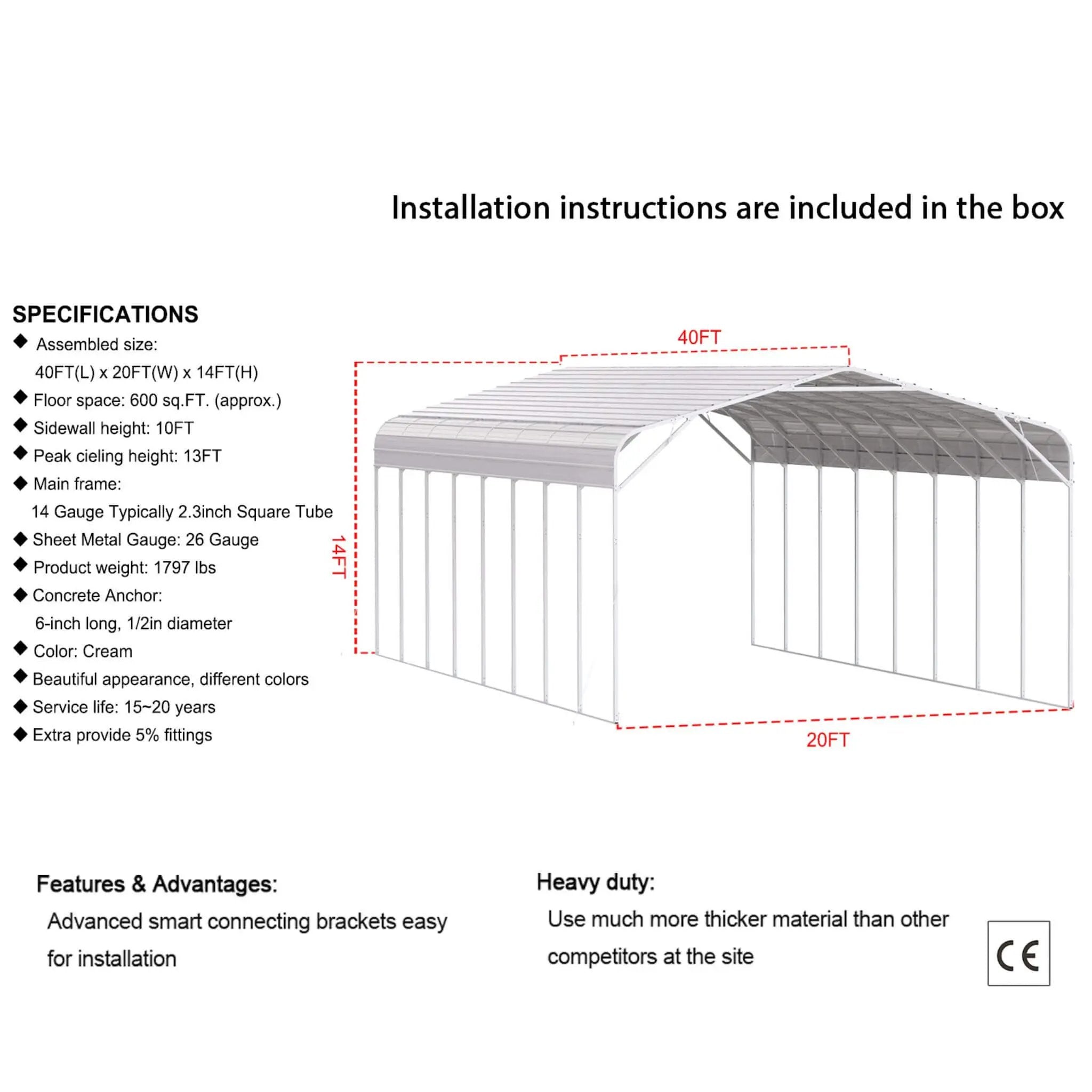 [20X40FT] Alora Heavy-Duty Outdoor High-Clearance Metal Carport (SAK67509) by SAKSBY WHOLESALE