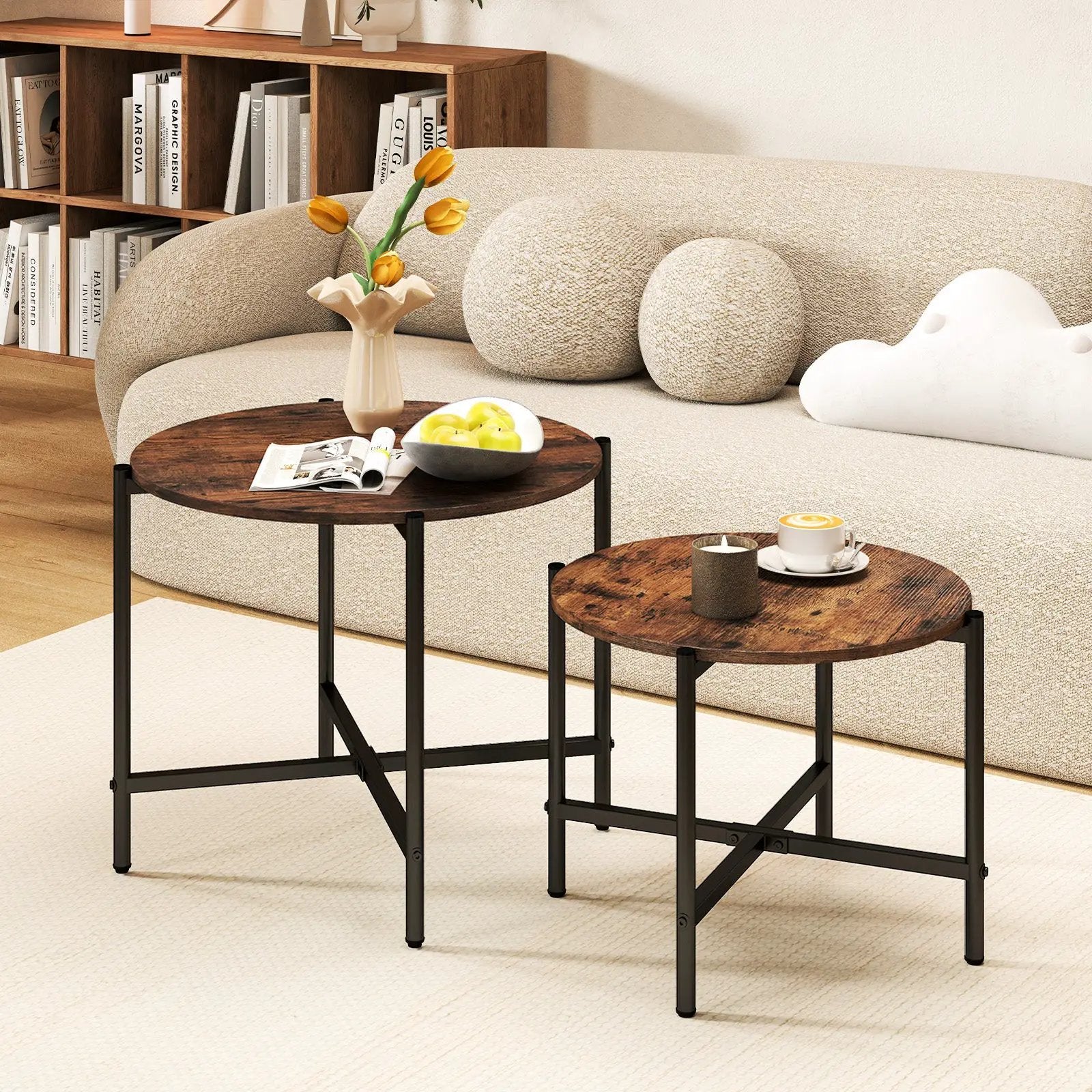 Round Coffee Table Set of 2 with Heavy-Duty Metal Frame by DirectDeals