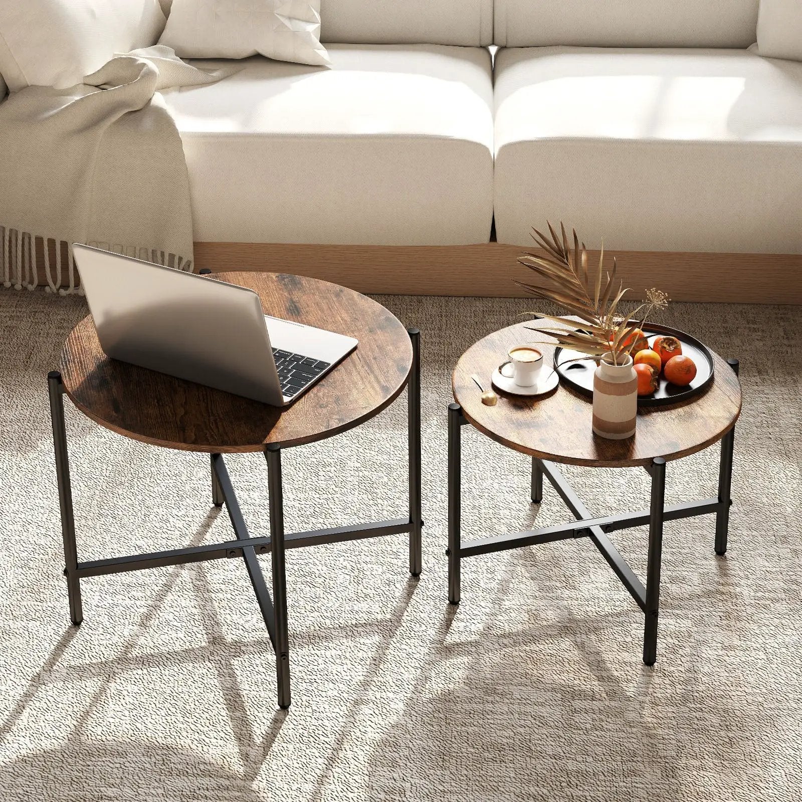 Round Coffee Table Set of 2 with Heavy-Duty Metal Frame by DirectDeals