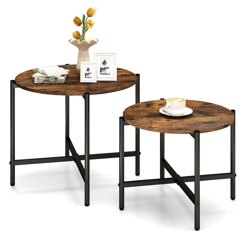Round Coffee Table Set of 2 with Heavy-Duty Metal Frame by DirectDeals