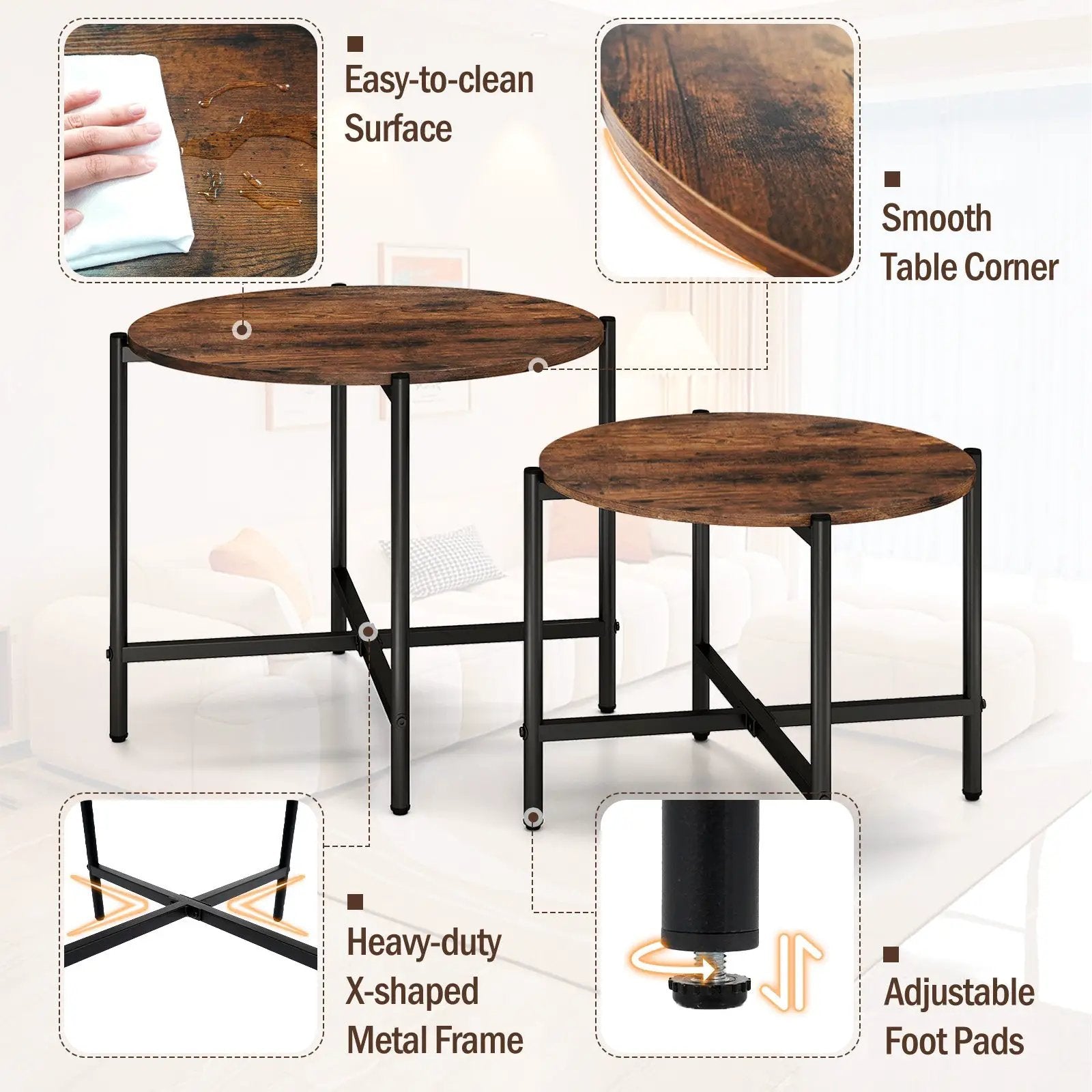 Round Coffee Table Set of 2 with Heavy-Duty Metal Frame by DirectDeals