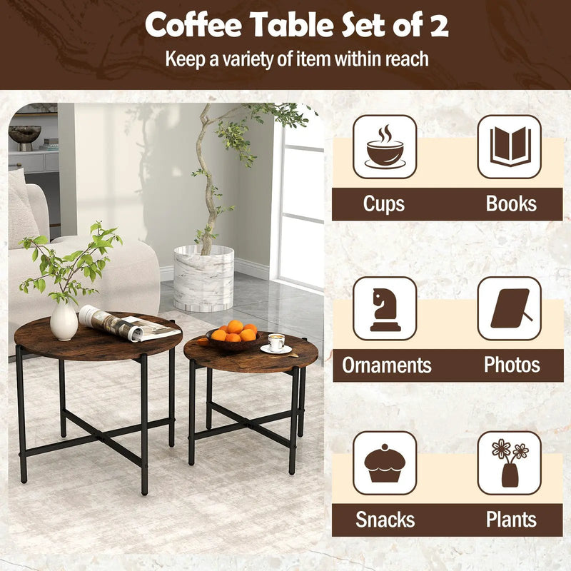 Round Coffee Table Set of 2 with Heavy-Duty Metal Frame by DirectDeals