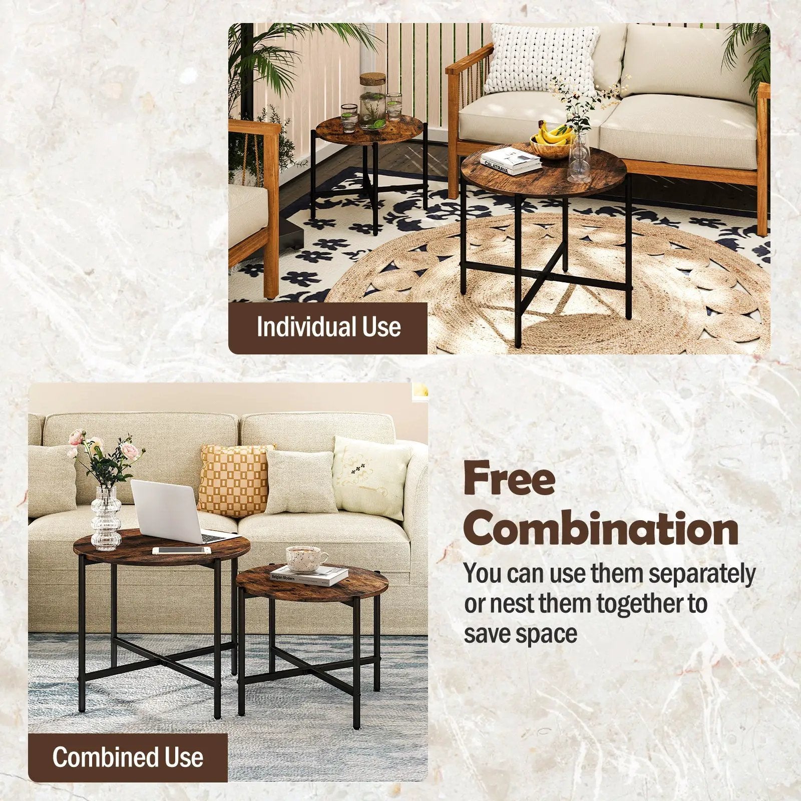 Round Coffee Table Set of 2 with Heavy-Duty Metal Frame by DirectDeals