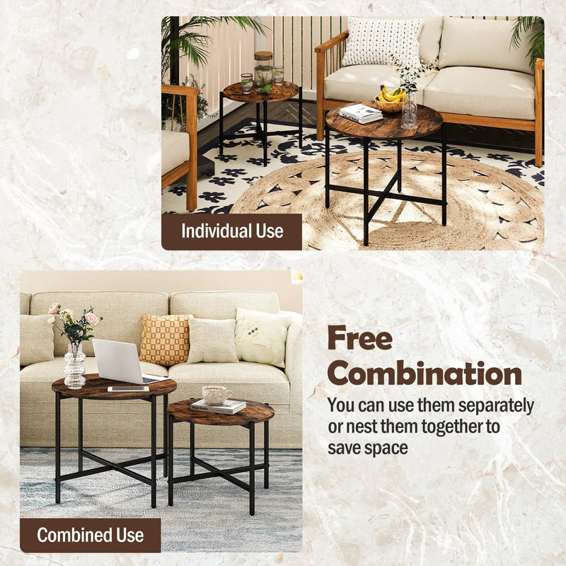 Round Coffee Table Set of 2 with Heavy-Duty Metal Frame by DirectDeals