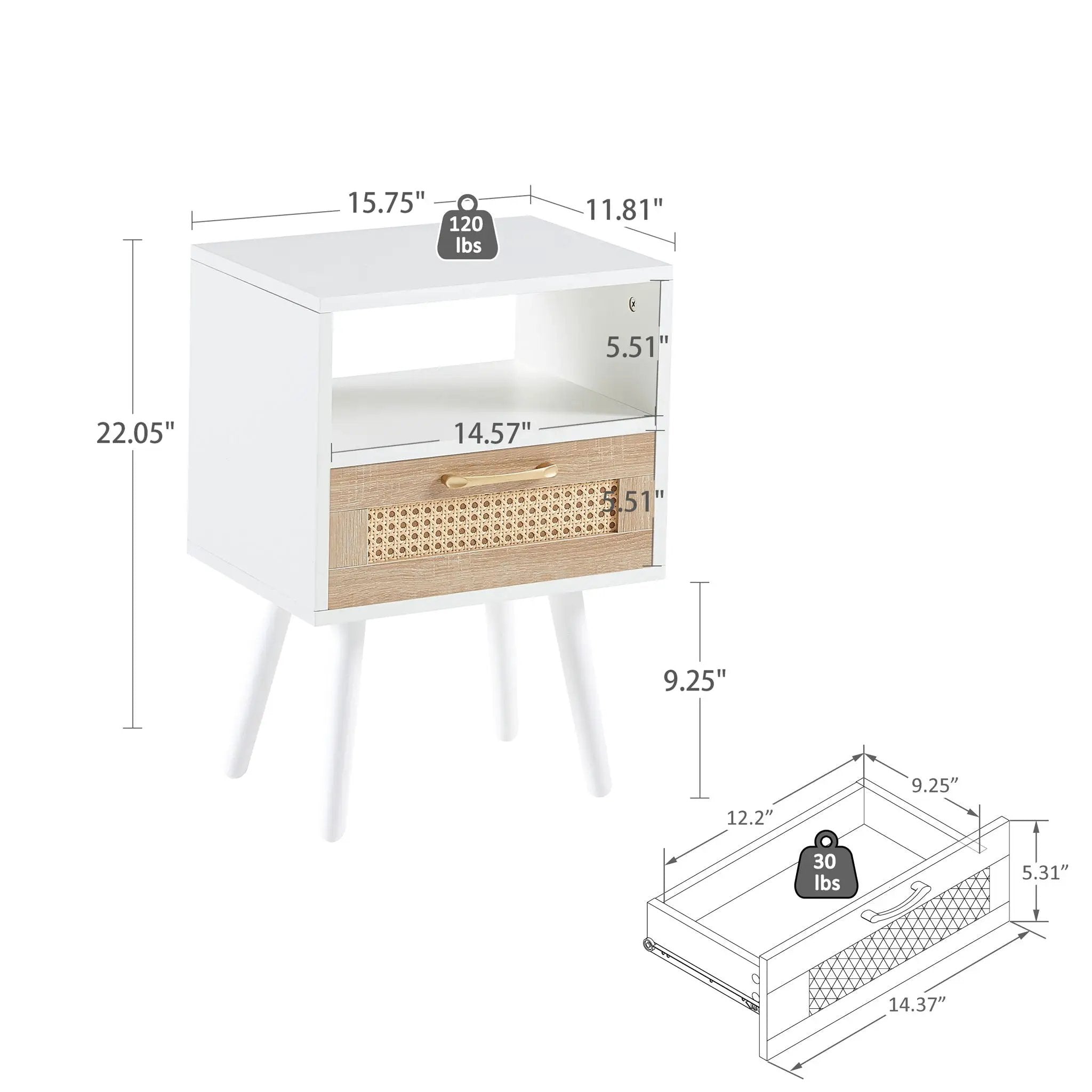 15.75" Rattan End Table With Drawer And Solid Wood Legs, Modern Nightstand, Side Table For Living Room, Bedroom by HouseOfZazla