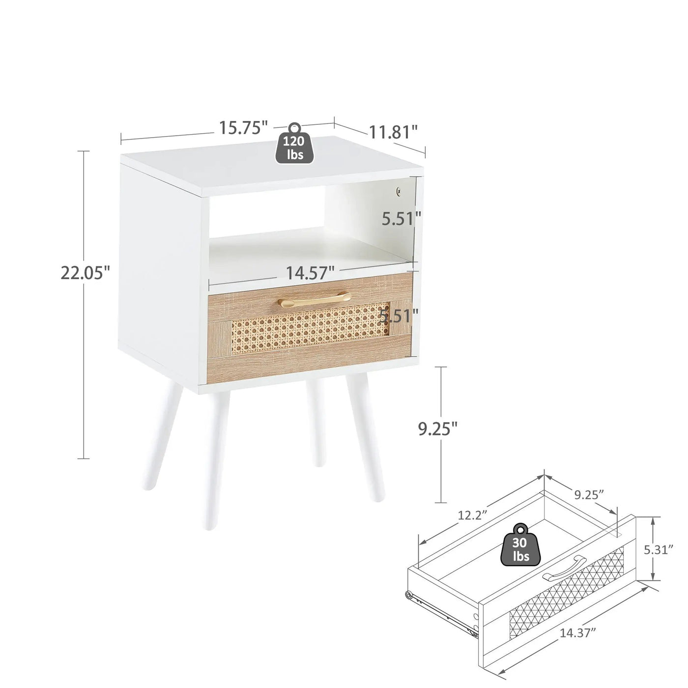 15.75" Rattan End Table With Drawer And Solid Wood Legs, Modern Nightstand, Side Table For Living Room, Bedroom by Unique Piece Furniture