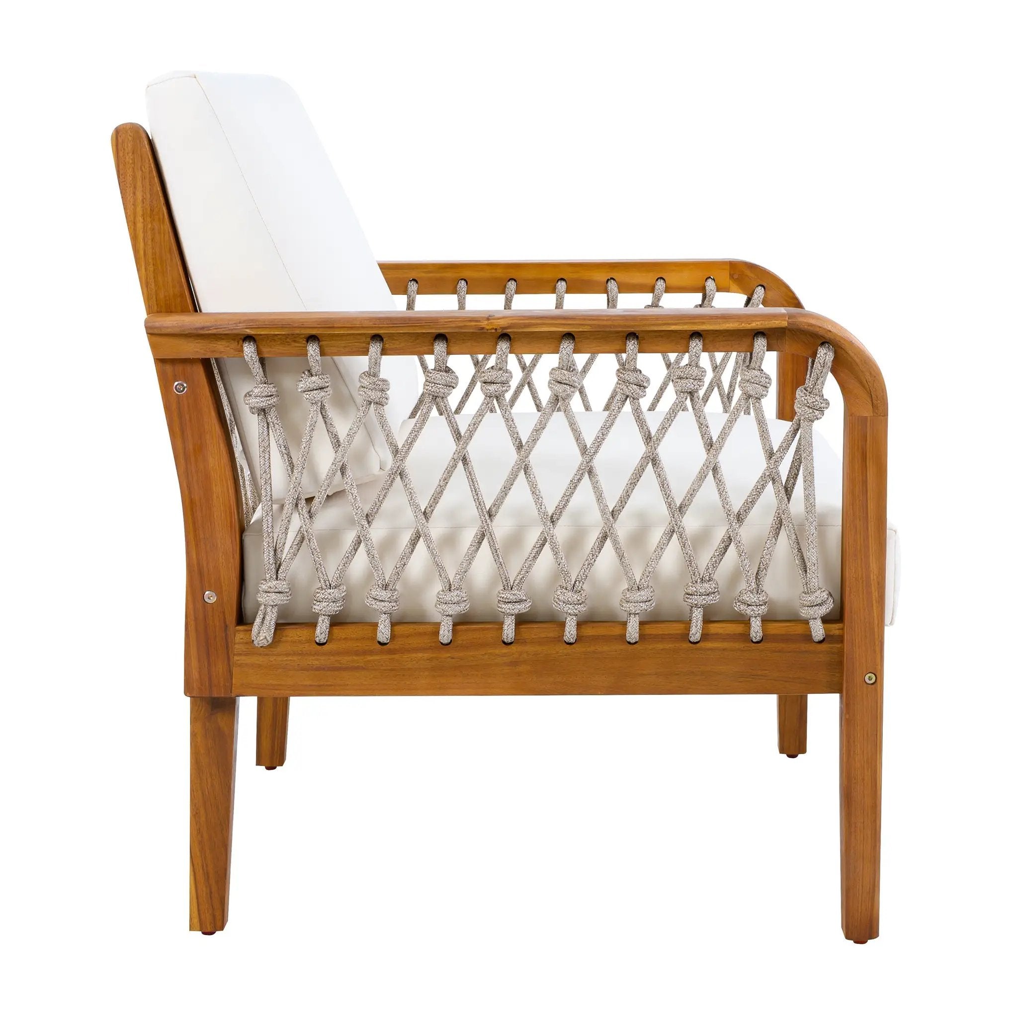 Outdoor Acacia Wood Club Chair with Handwoven Rope, Teak Finish by HouseOfZazla