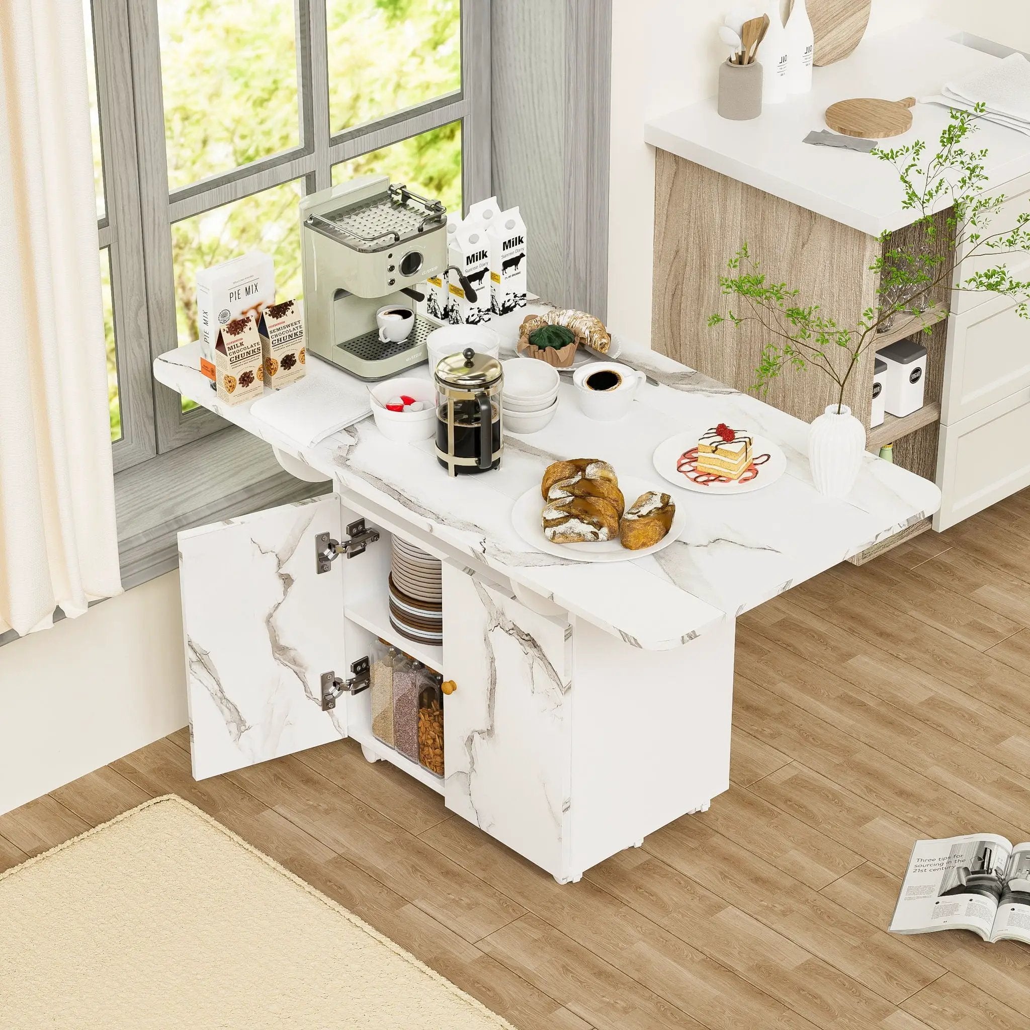 Versatile Marble Folding Dining Table With Storage Rack And Cabinet, 6 Wheels - White by HouseOfZazla