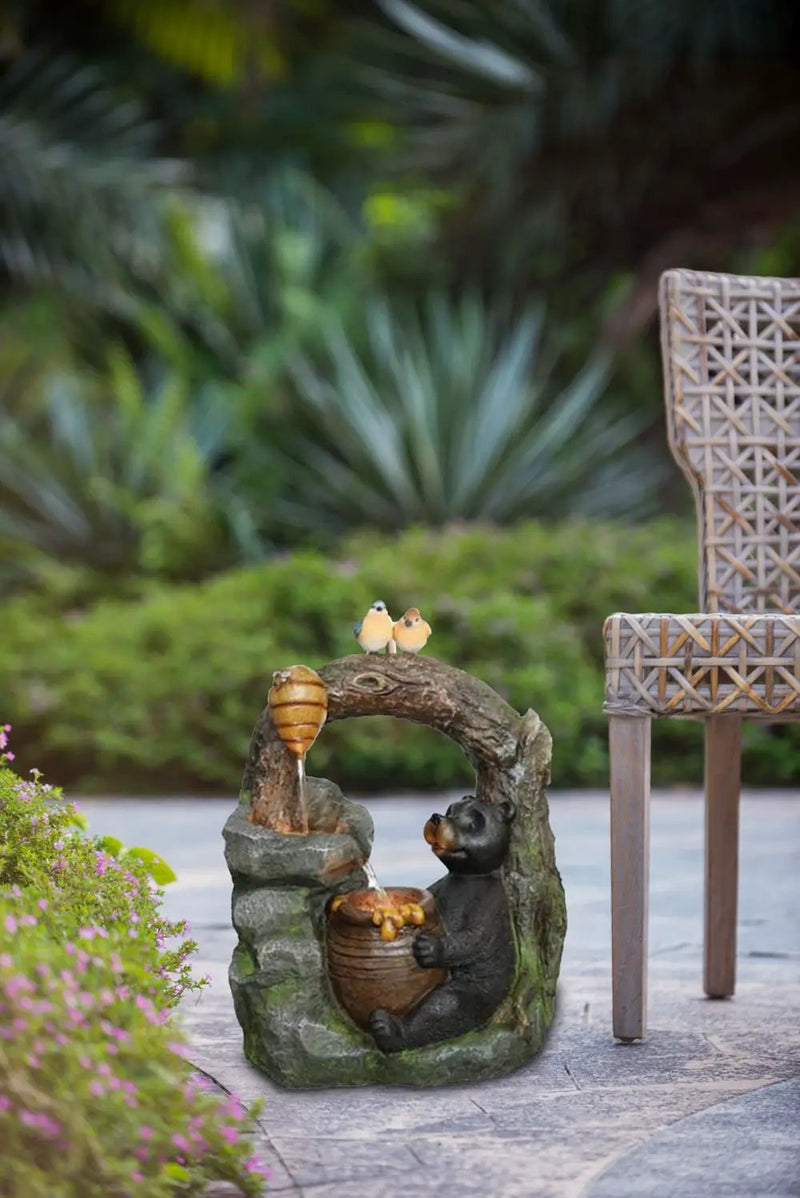 Decorative Two Tiered Water Fountain With Woodland Animal Design, Outdoor Fountain With Light And Pump - Dark Gray by HouseOfZazla
