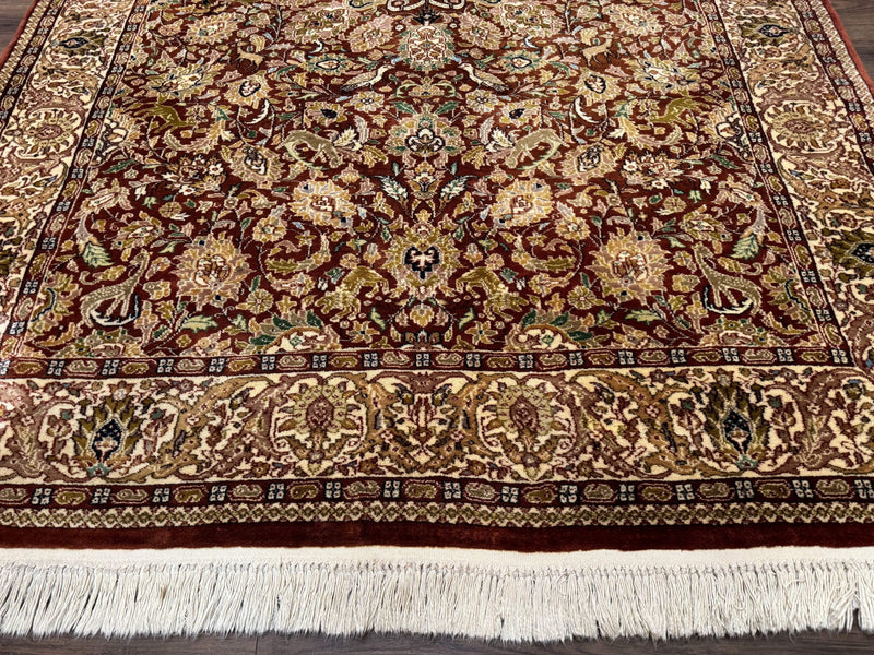 Tree of Life Indian Kashmiri Rug 6x9, Rust Red and Cream, Animal Pictorials, Fine 290 KPSI by Jewel Rugs
