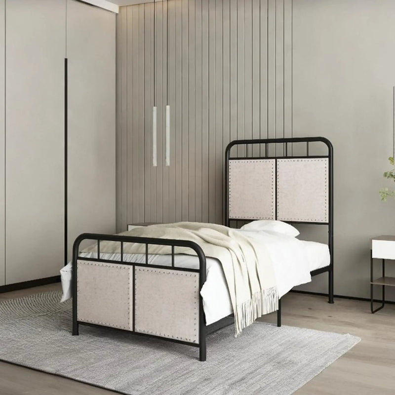 Twin Size Linen Upholstered Platform Metal Bed Frame with Fabric Headboard and Footboard by HouseOfZazla