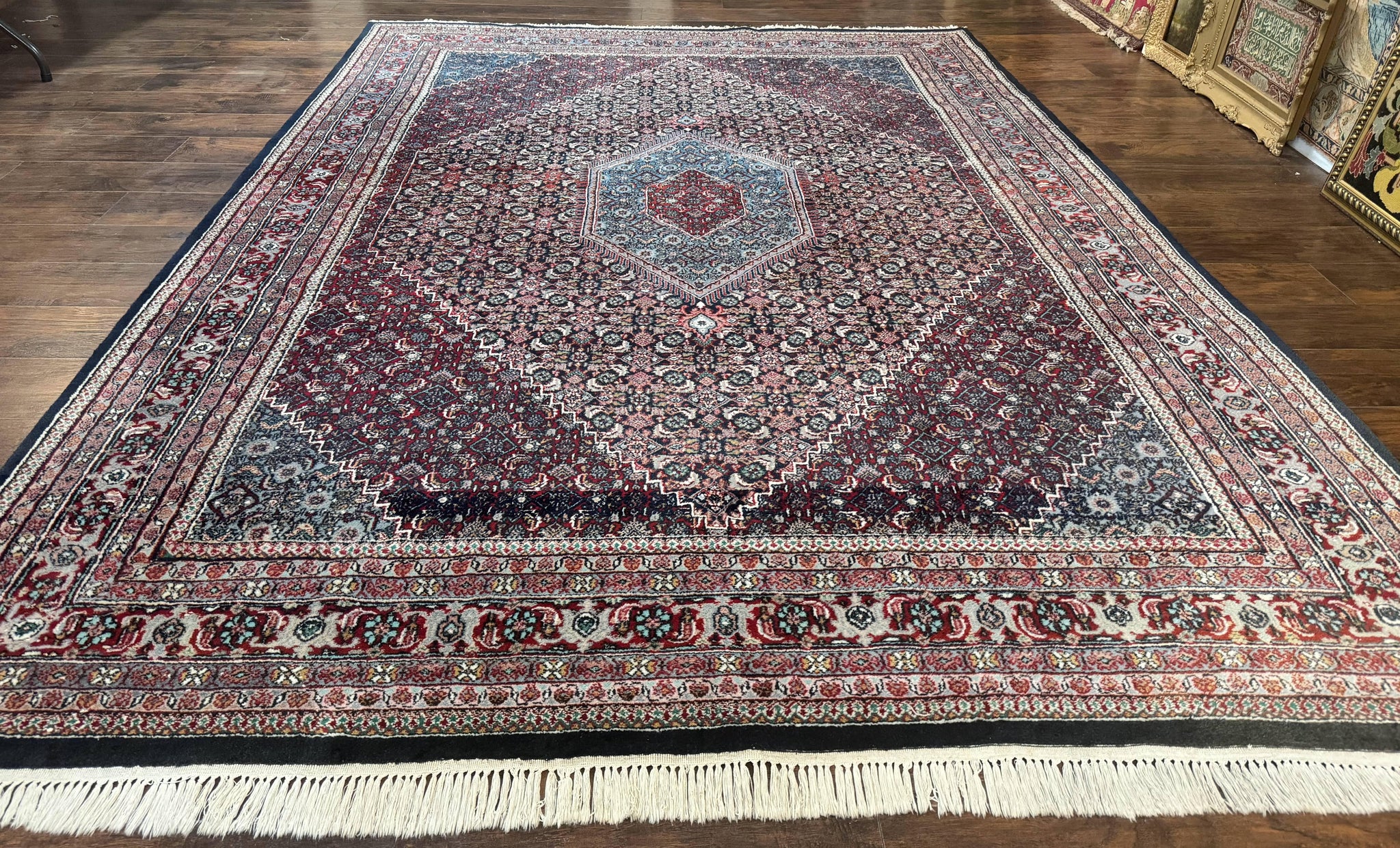 Indo Persian Bidjar Rug 8x11, Herati Mahi Pattern, Red Navy Blue, Handmade Vintage Wool Carpet by Jewel Rugs