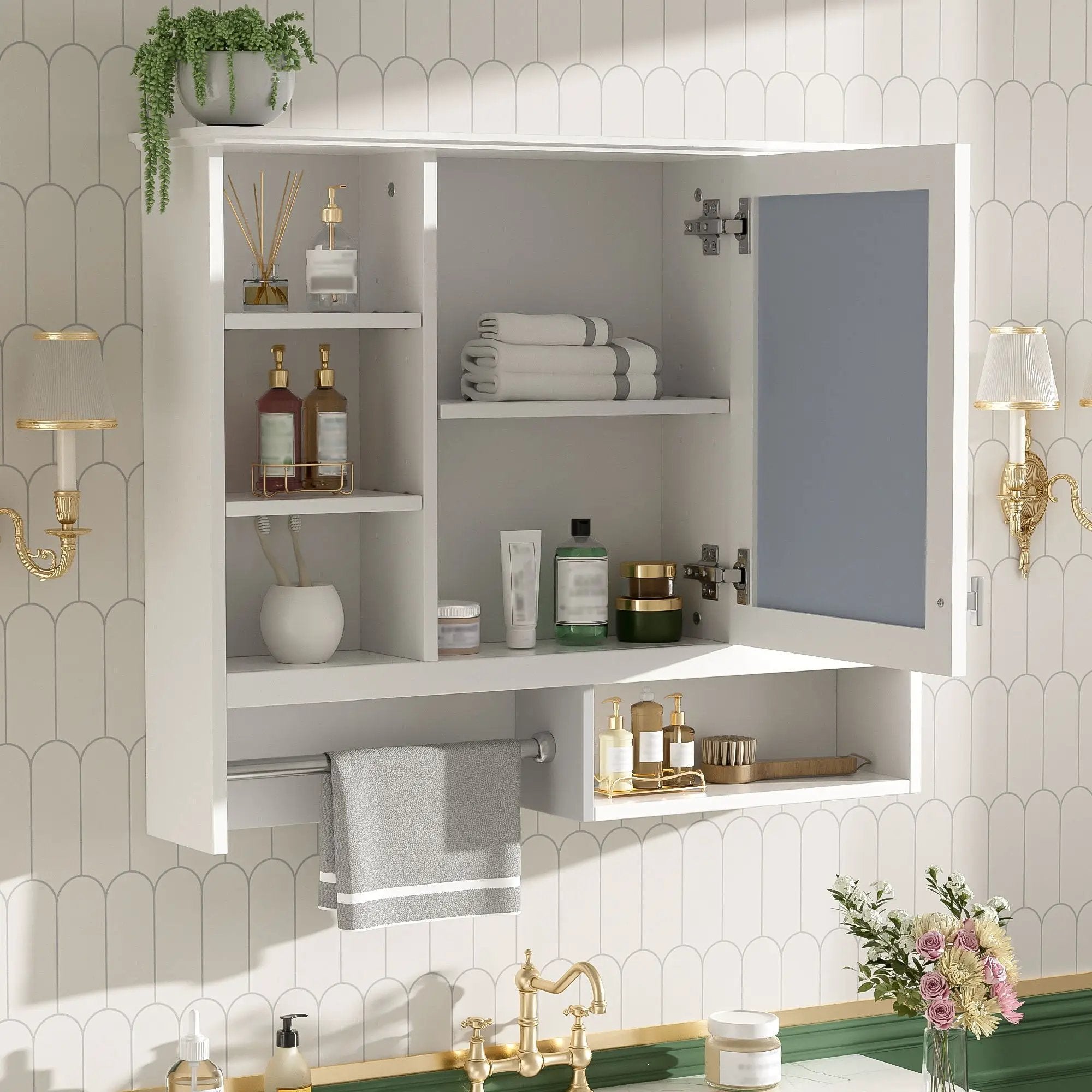 Wall Mount 2 In 1 Mirror Cabinet With Adjustable Shelves, Open Storage, For Bathroom Vanity - White by Unique Piece Furniture