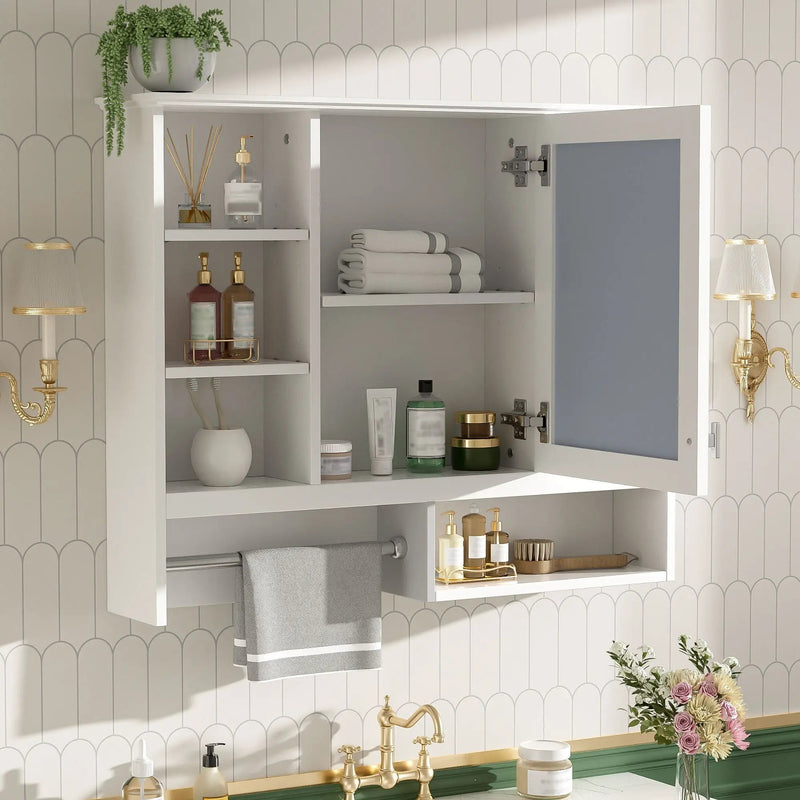 Wall Mount 2 In 1 Mirror Cabinet With Adjustable Shelves, Open Storage, For Bathroom Vanity - White by Unique Piece Furniture