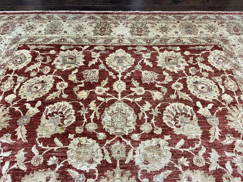 Pak Persian Rug 10x14, Sultanabad Mahal Peshawar Chobi Carpet, Large Vintage Wool Oriental Rug, Maroon & Beige, Floral Allover, Handmade by Jewel Rugs