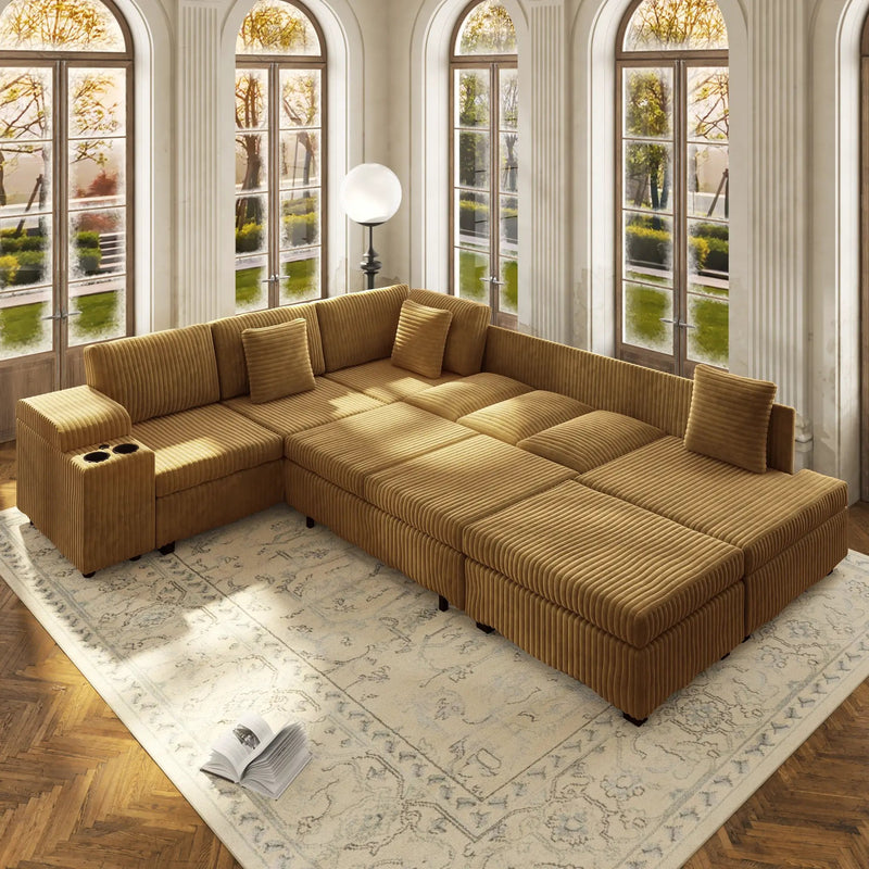 110.2" L-Shaped Sectional Sofa Set with Removable Ottoman in Camel by HouseOfZazla