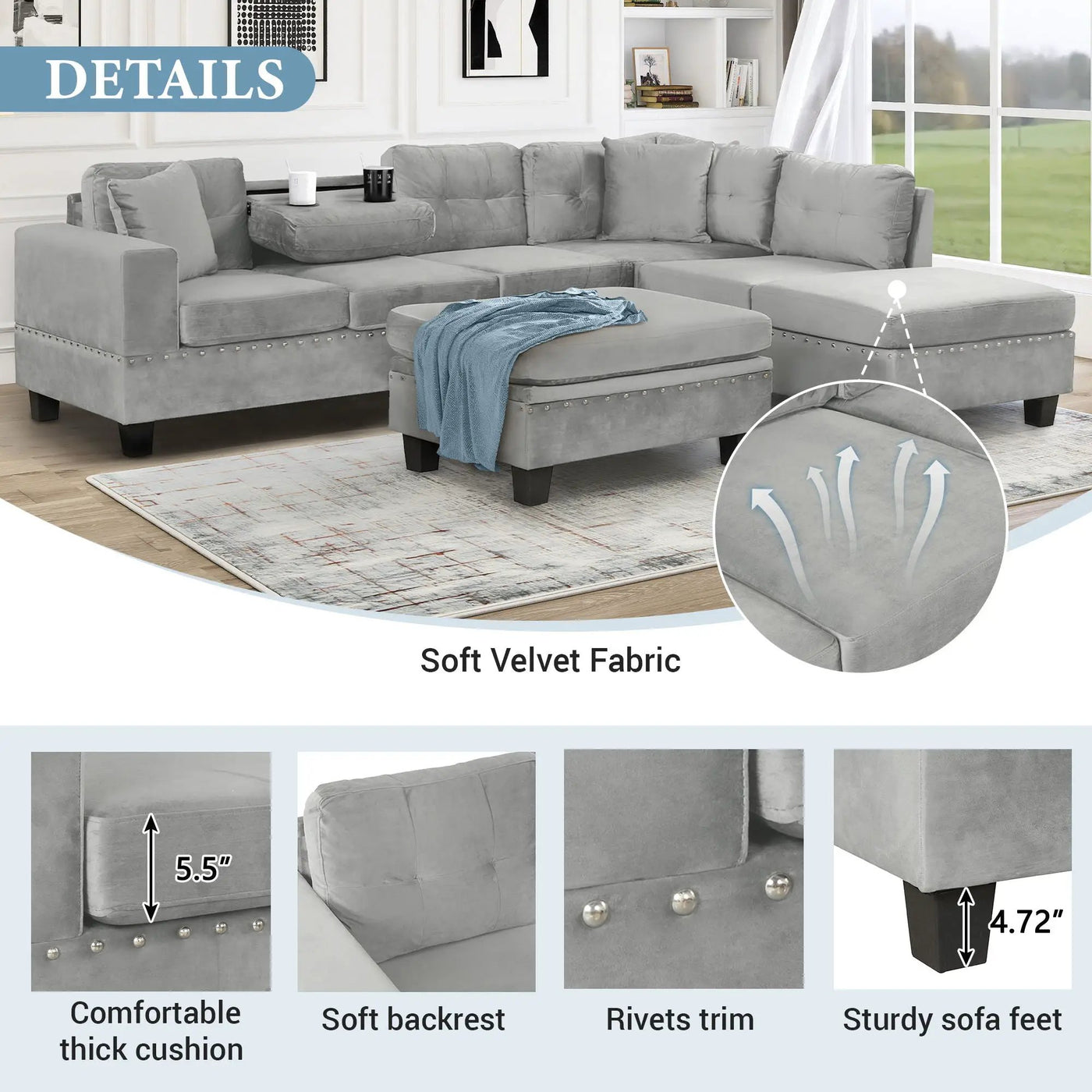 Modern Sectional Sofa With Storage Ottoman, L - Shape Couch With 2 Pillows And Cup Holders by HouseOfZazla
