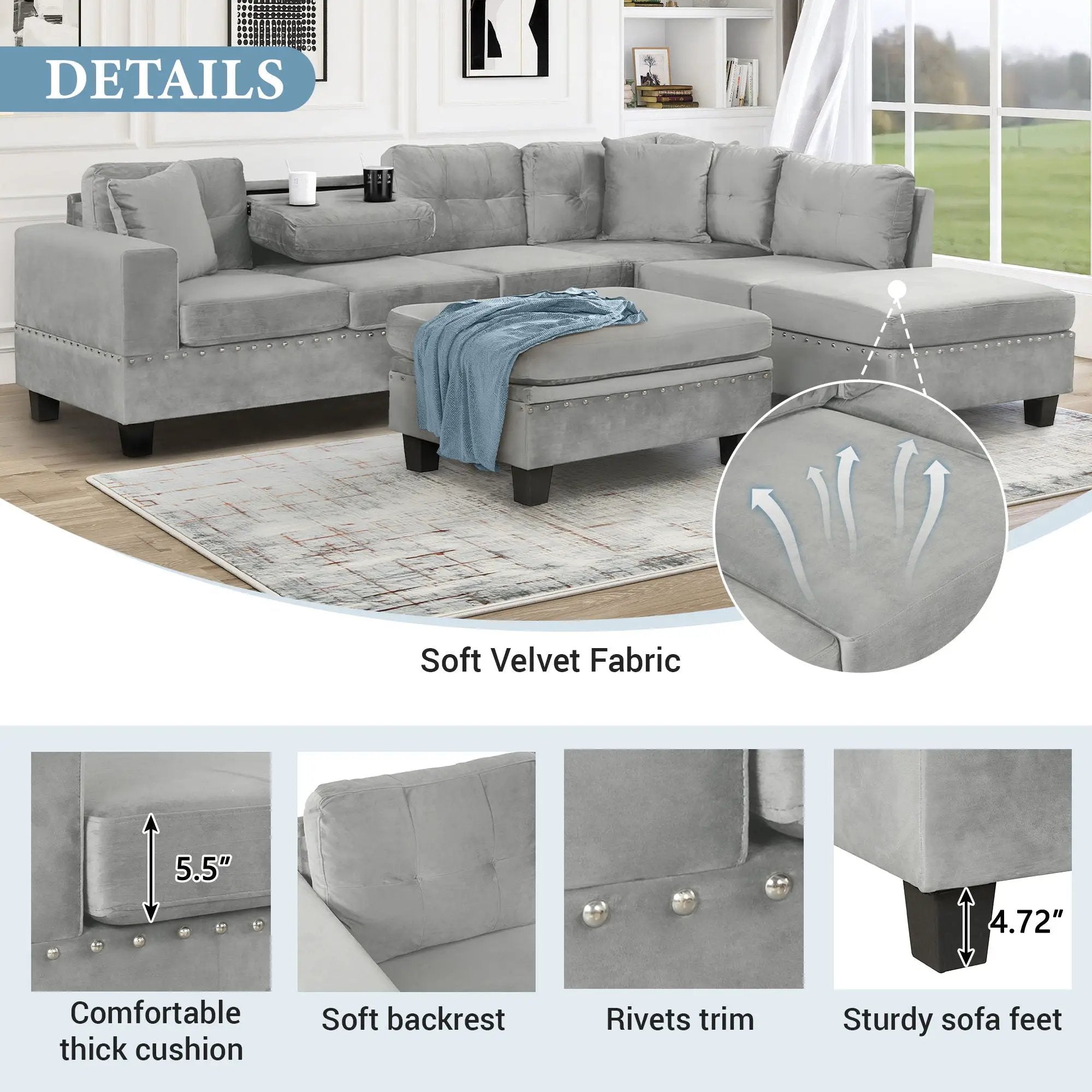 Modern Sectional Sofa With Storage Ottoman, L - Shape Couch With 2 Pillows And Cup Holders by HouseOfZazla