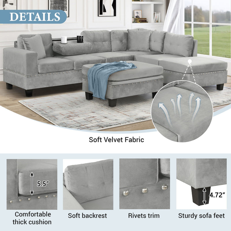 Modern Sectional Sofa With Storage Ottoman, L - Shape Couch With 2 Pillows And Cup Holders by HouseOfZazla
